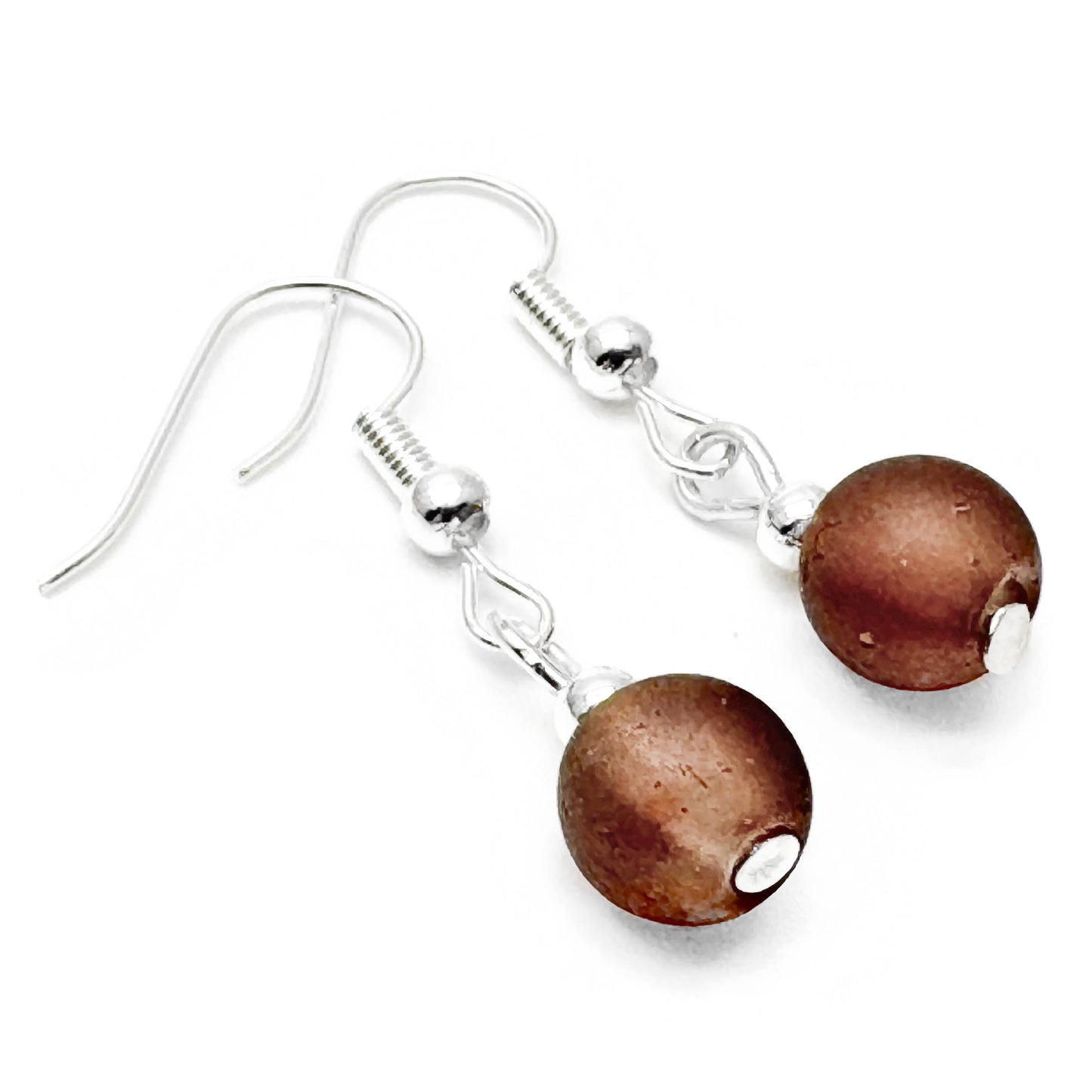 Frosted Brown Glass Bead Earrings, 8mm Round Beads : 32mm