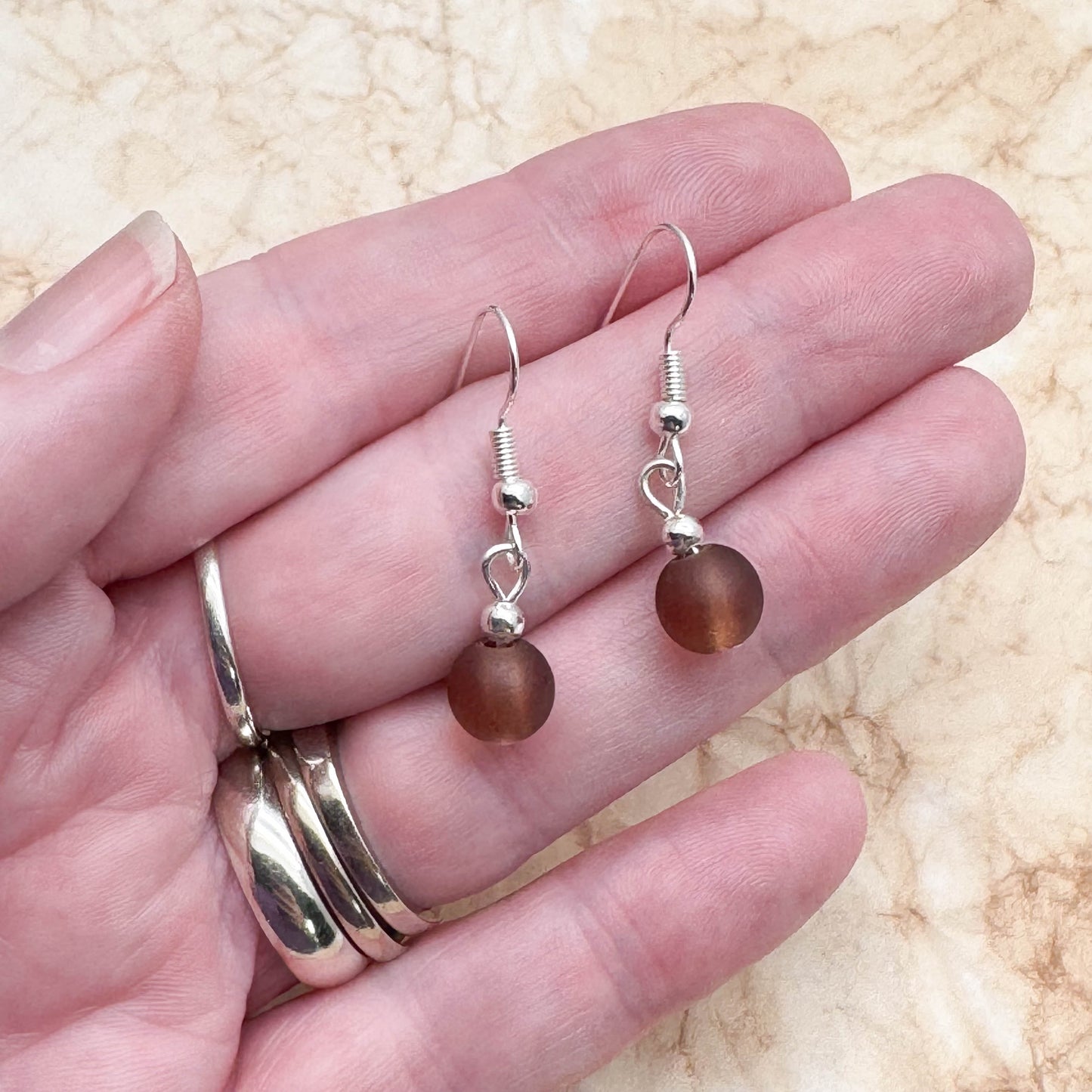 Frosted Brown Glass Bead Earrings, 8mm Round Beads : 32mm