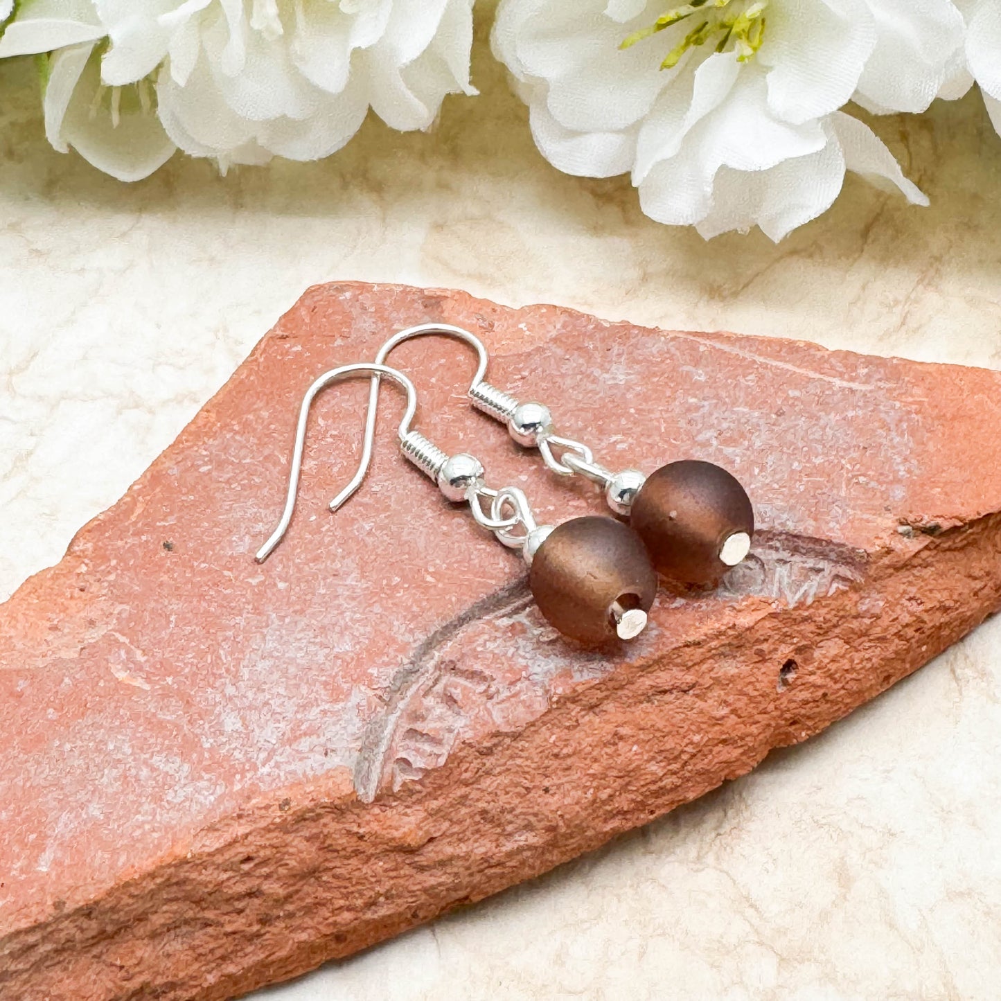 Frosted Brown Glass Bead Earrings, 8mm Round Beads : 32mm