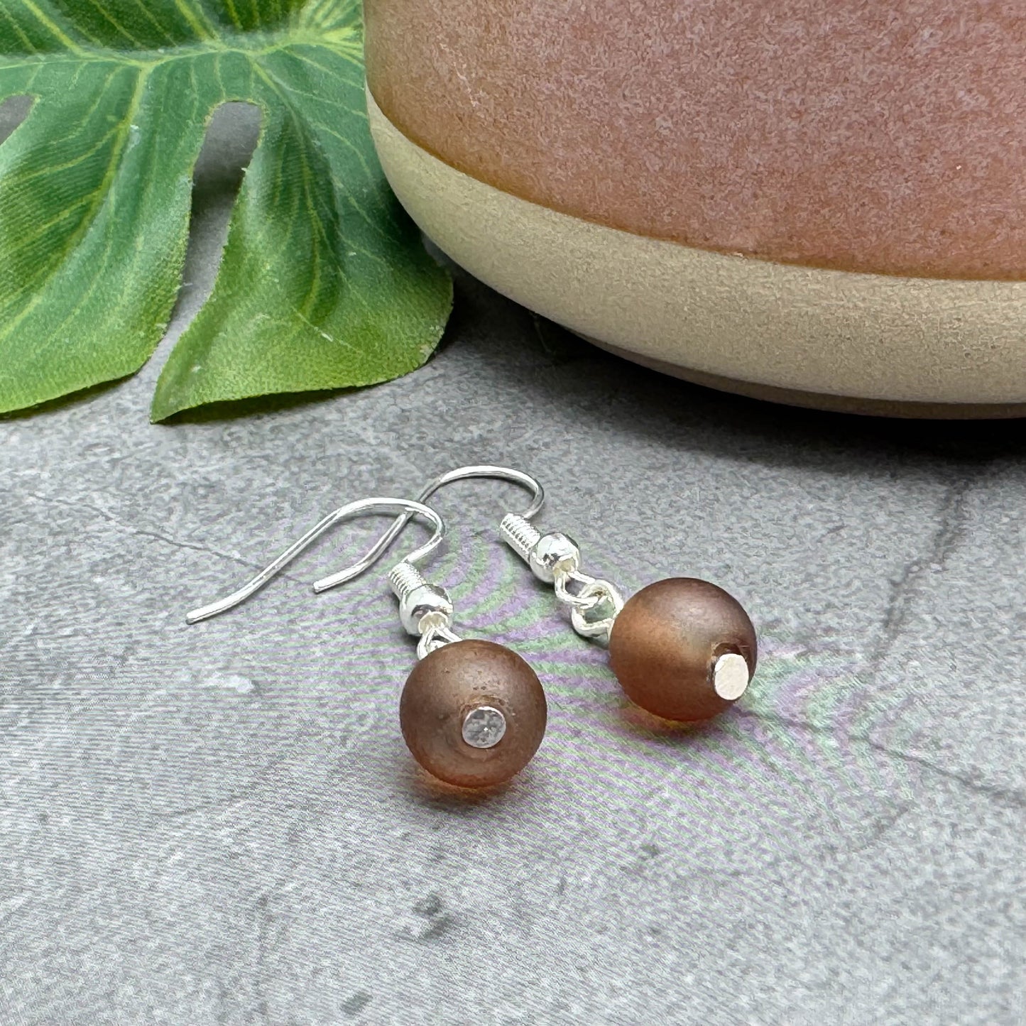 Frosted Brown Glass Bead Earrings, 8mm Round Beads : 32mm