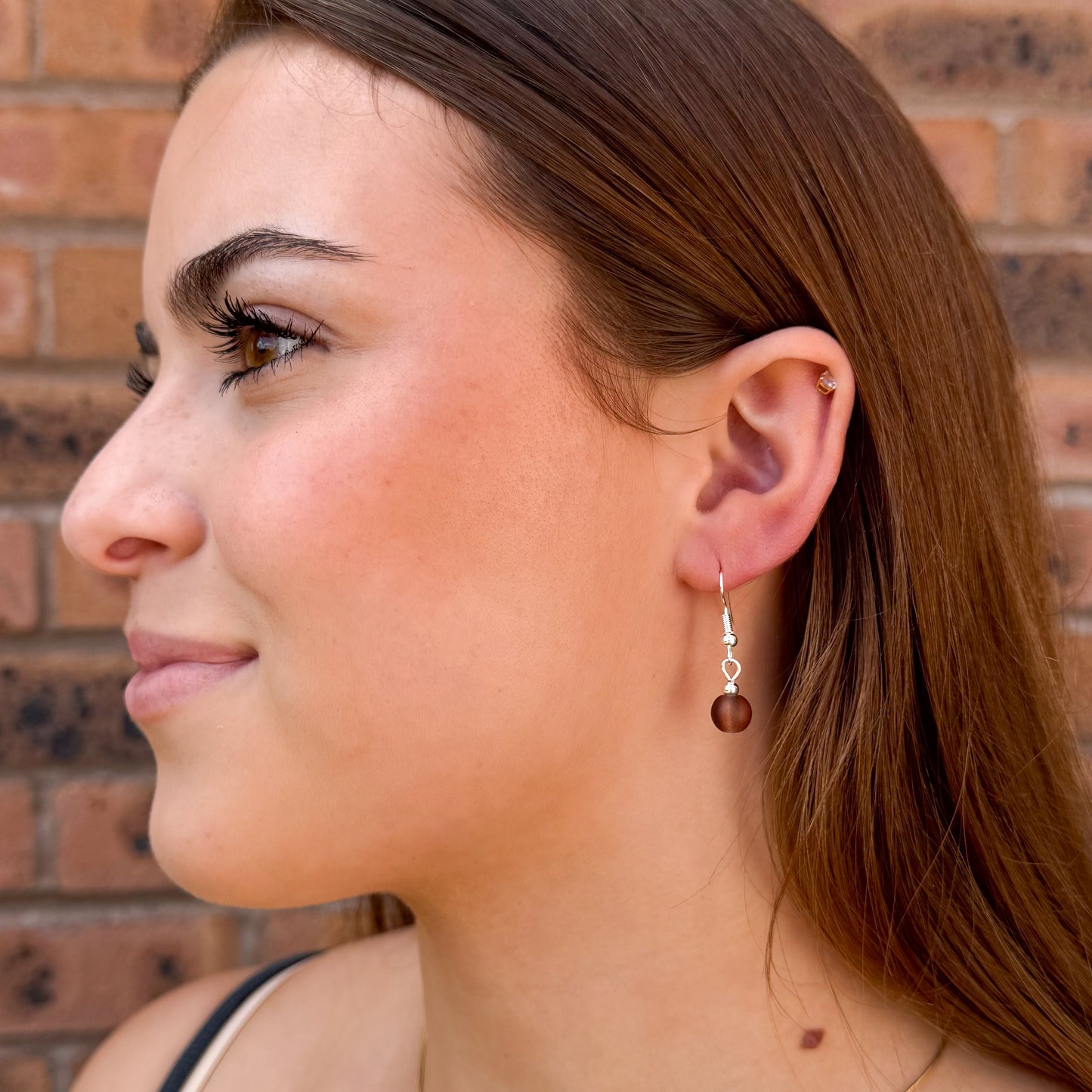 Frosted Brown Glass Bead Earrings, 8mm Round Beads : 32mm