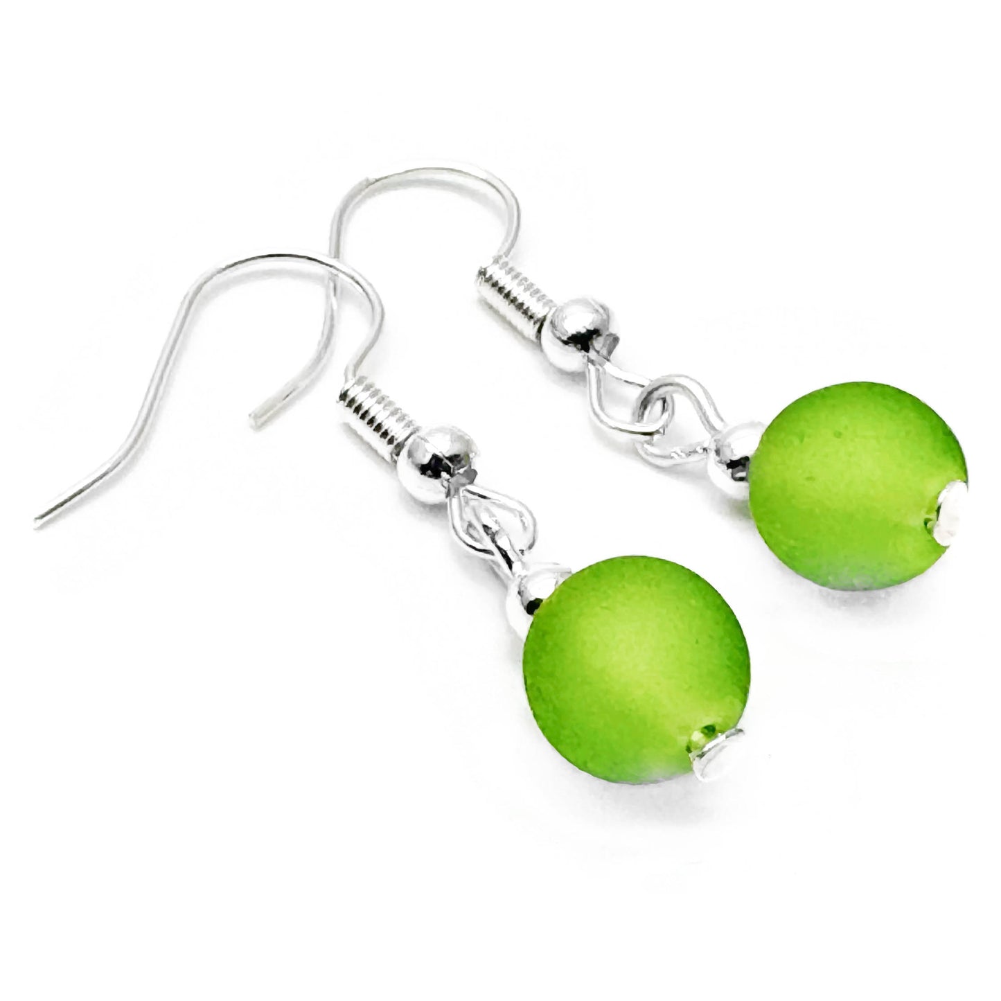 Frosted Lime Green Glass Bead Earrings, 8mm Round Beads : 32mm