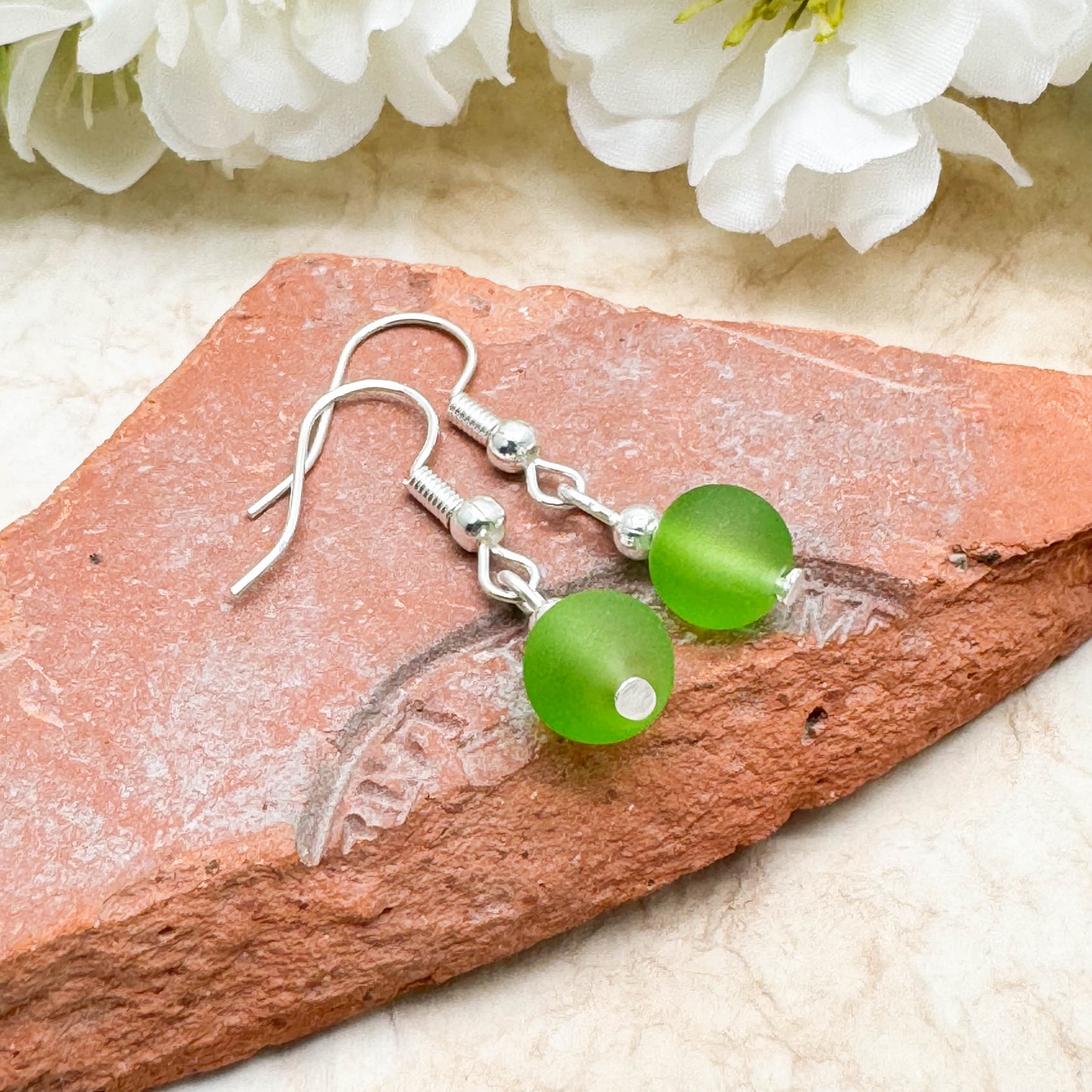 Frosted Lime Green Glass Bead Earrings, 8mm Round Beads : 32mm