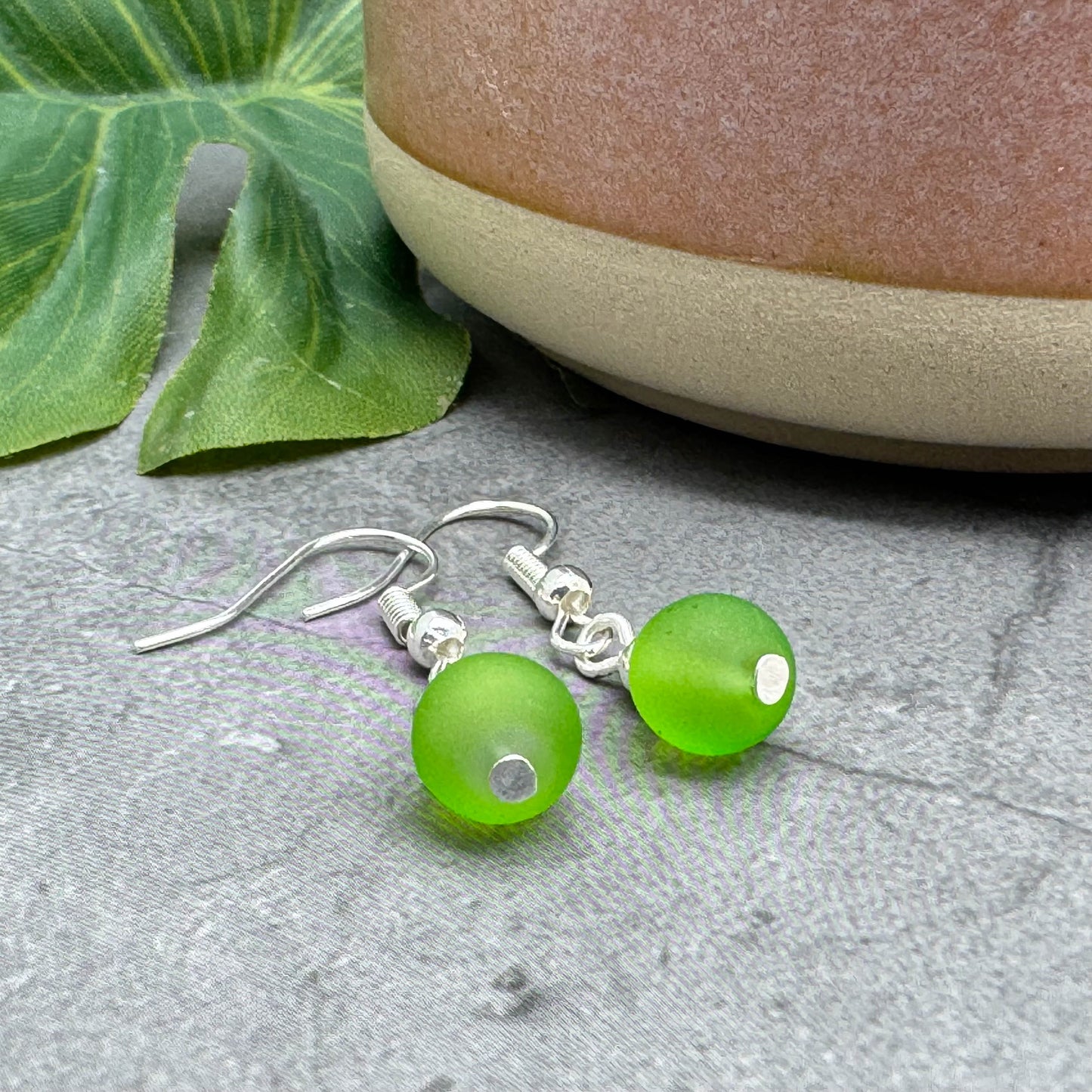 Frosted Lime Green Glass Bead Earrings, 8mm Round Beads : 32mm
