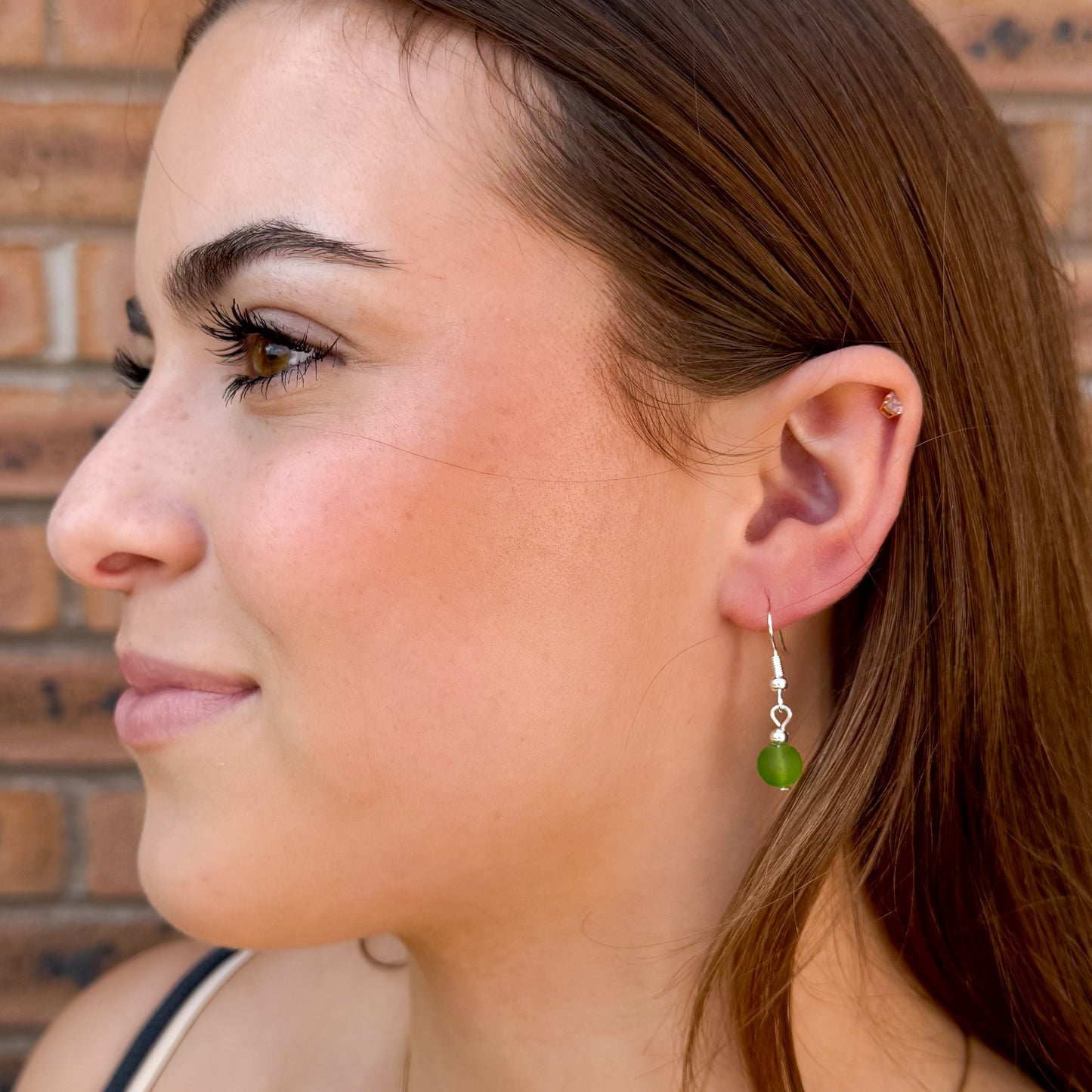 Frosted Lime Green Glass Bead Earrings, 8mm Round Beads : 32mm