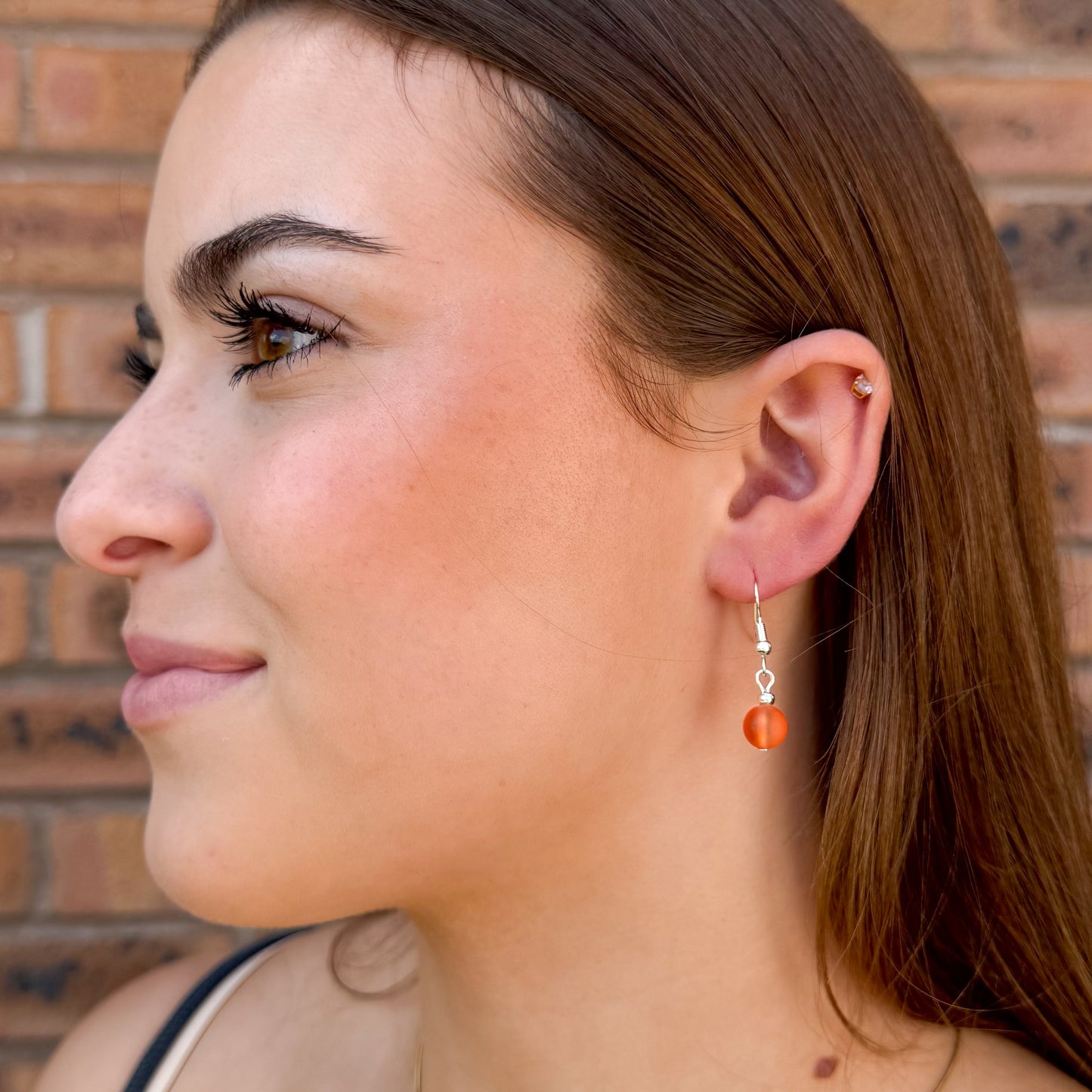 Frosted Bright Orange Glass Bead Earrings, 8mm Round Beads : 32mm