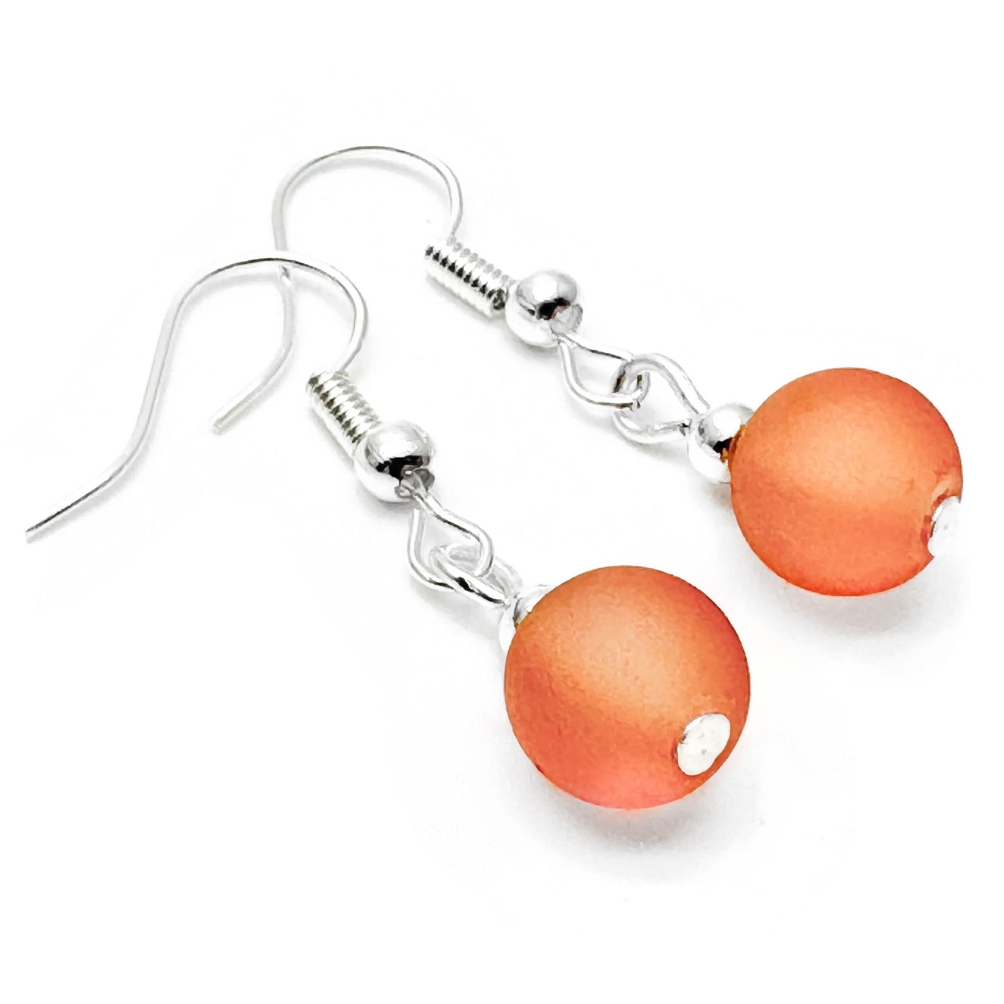 Frosted Bright Orange Glass Bead Earrings, 8mm Round Beads : 32mm