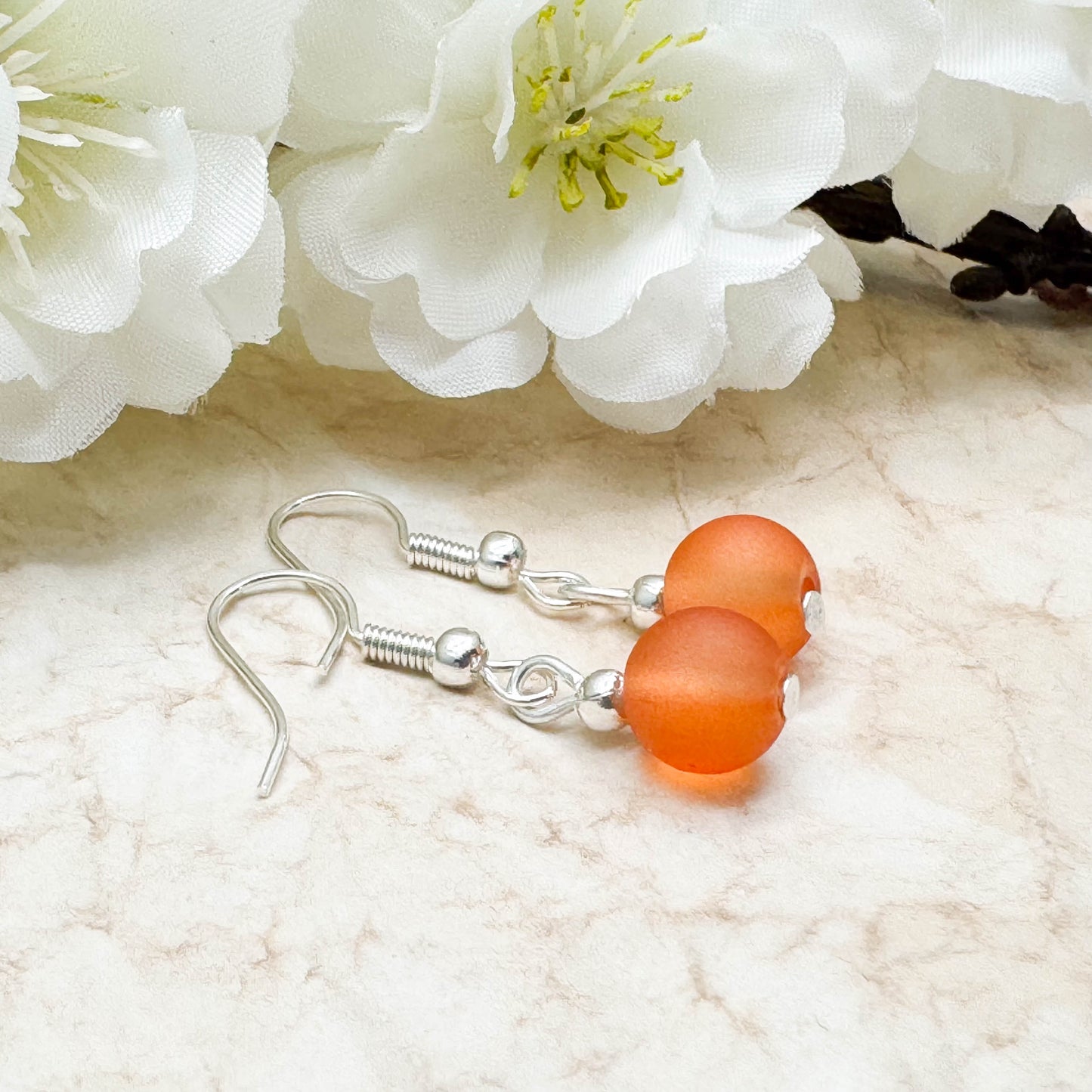 Frosted Bright Orange Glass Bead Earrings, 8mm Round Beads : 32mm