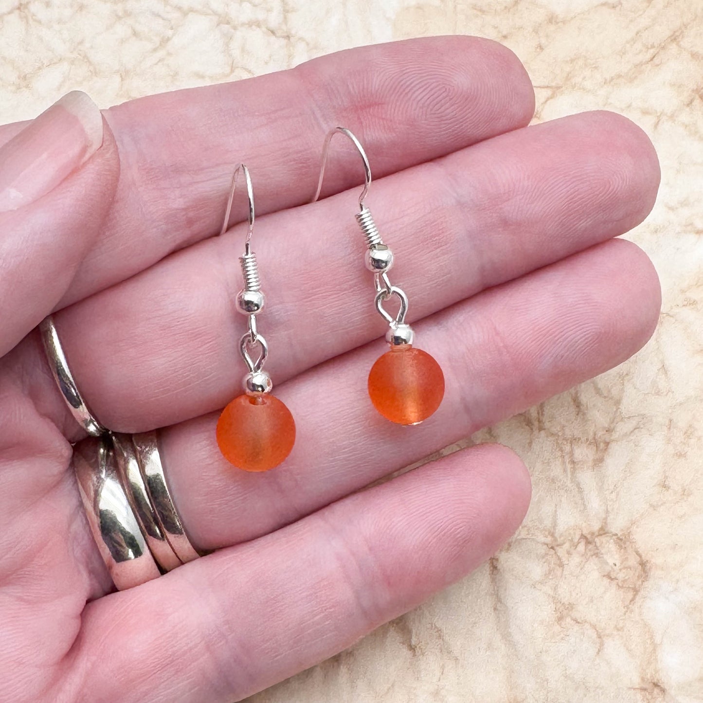 Frosted Bright Orange Glass Bead Earrings, 8mm Round Beads : 32mm