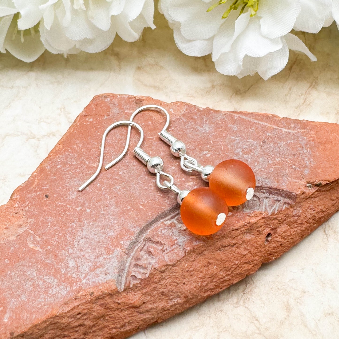 Frosted Bright Orange Glass Bead Earrings, 8mm Round Beads : 32mm