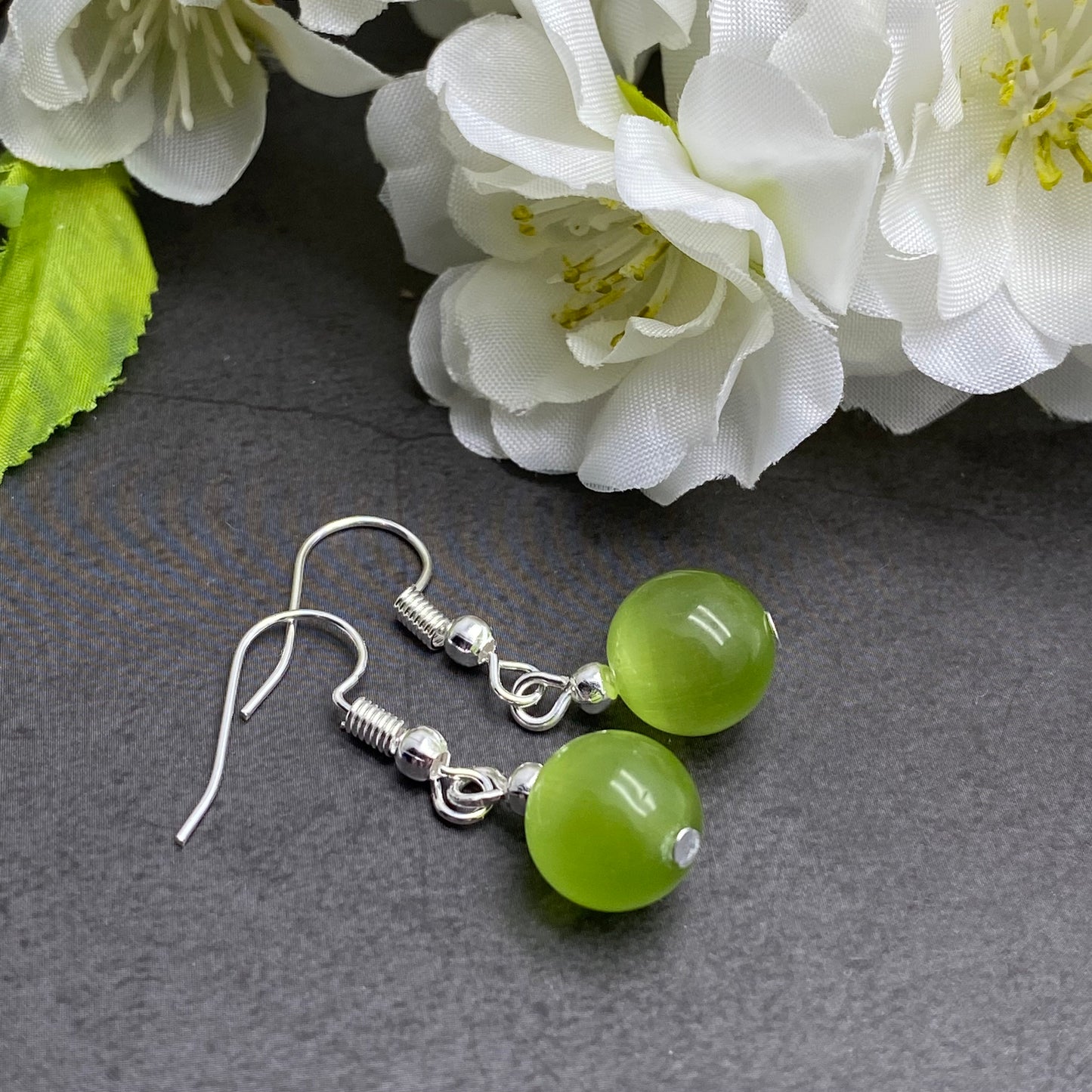 Cat's Eye Bead Earrings, Lime Green Round Beads