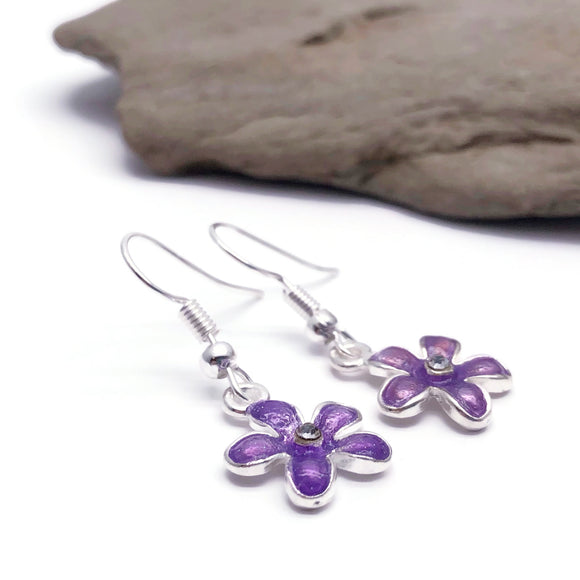 Purple Flower Silver Plated Charm Earrings