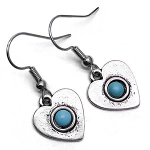 Heart Charm Earrings, Turquoise Resin Silver Plated