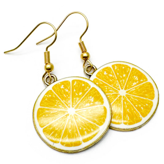 Lemon Slice Earrings, Yellow Enamel Fruit Charm Beads : 42mm long
