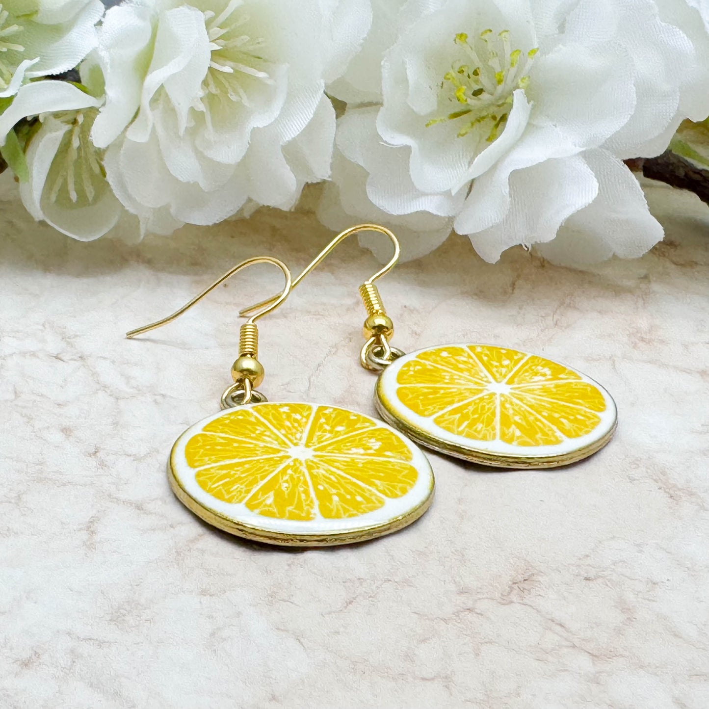Lemon Slice Earrings, Yellow Enamel Fruit Charm Beads : 42mm long