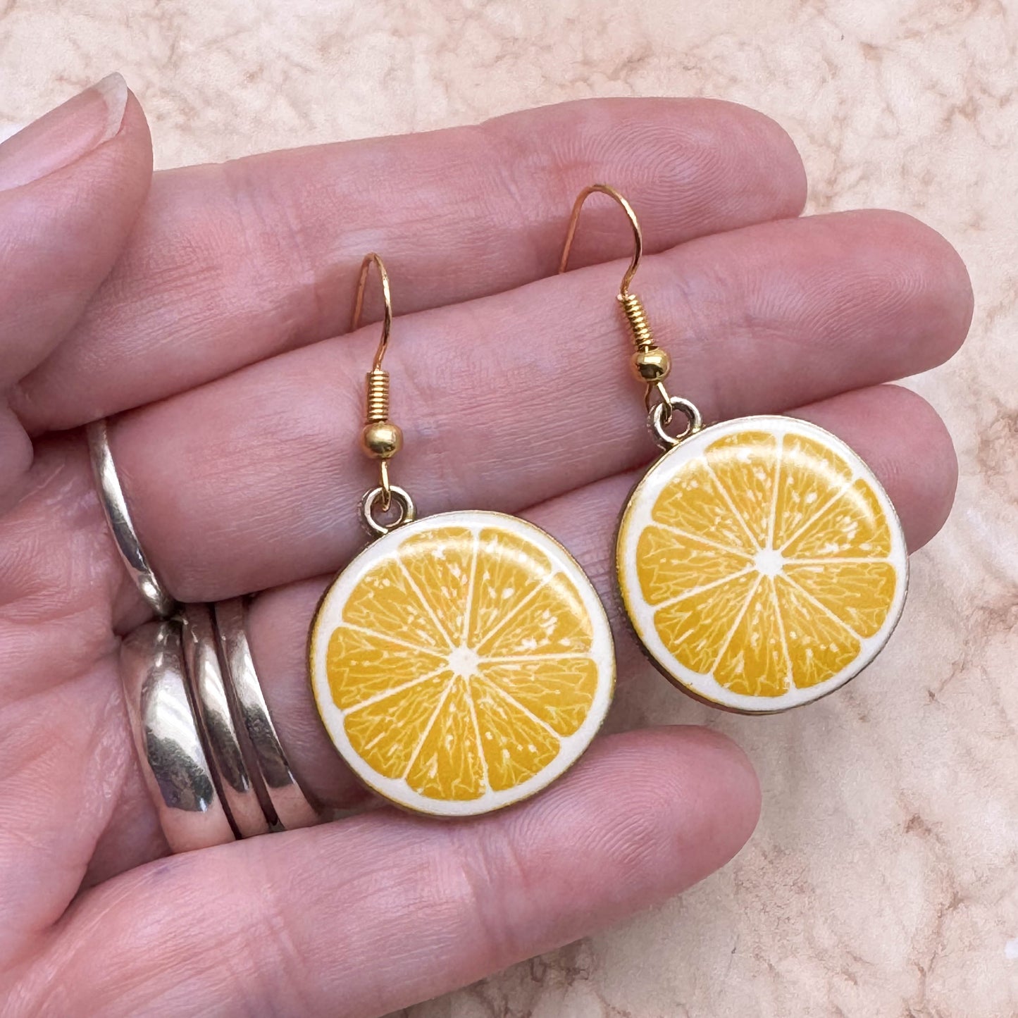 Lemon Slice Earrings, Yellow Enamel Fruit Charm Beads : 42mm long