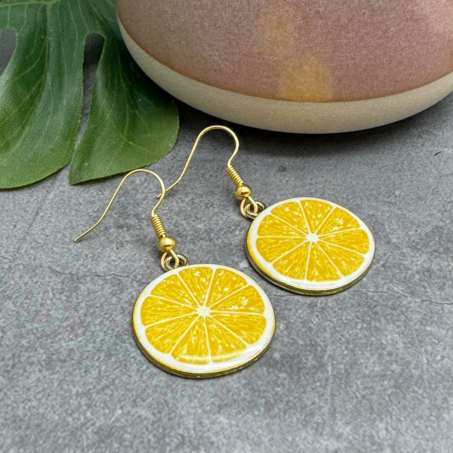 Lemon Slice Earrings, Yellow Enamel Fruit Charm Beads : 42mm long