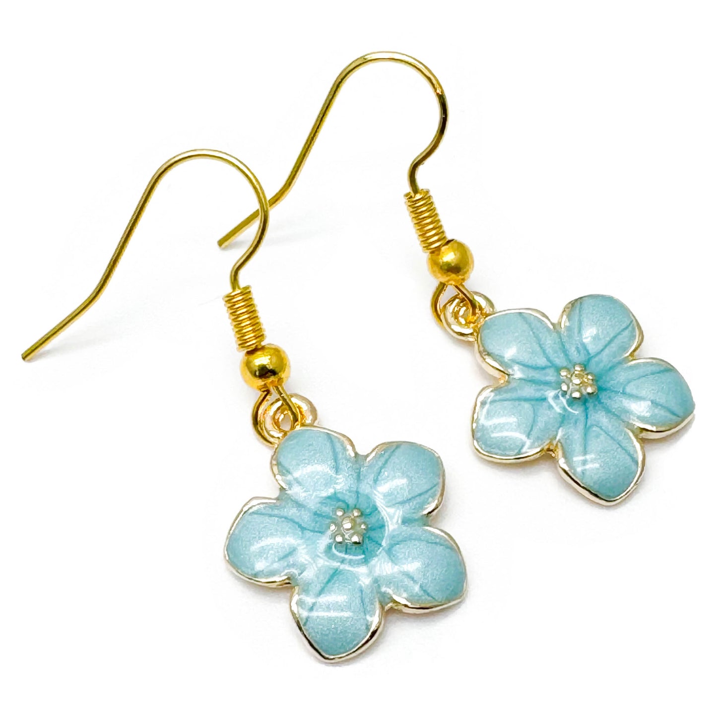 Daisy Flower Earrings, Turquoise Blue Enamel Charms, Nickel Free Hooks : 34mm long