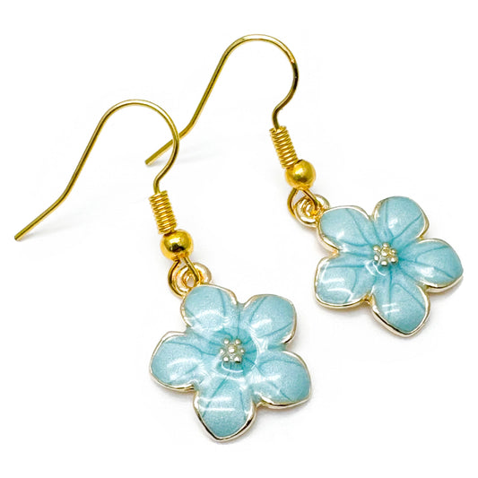 Daisy Flower Earrings, Turquoise Blue Enamel Charms, Nickel Free Hooks : 34mm long