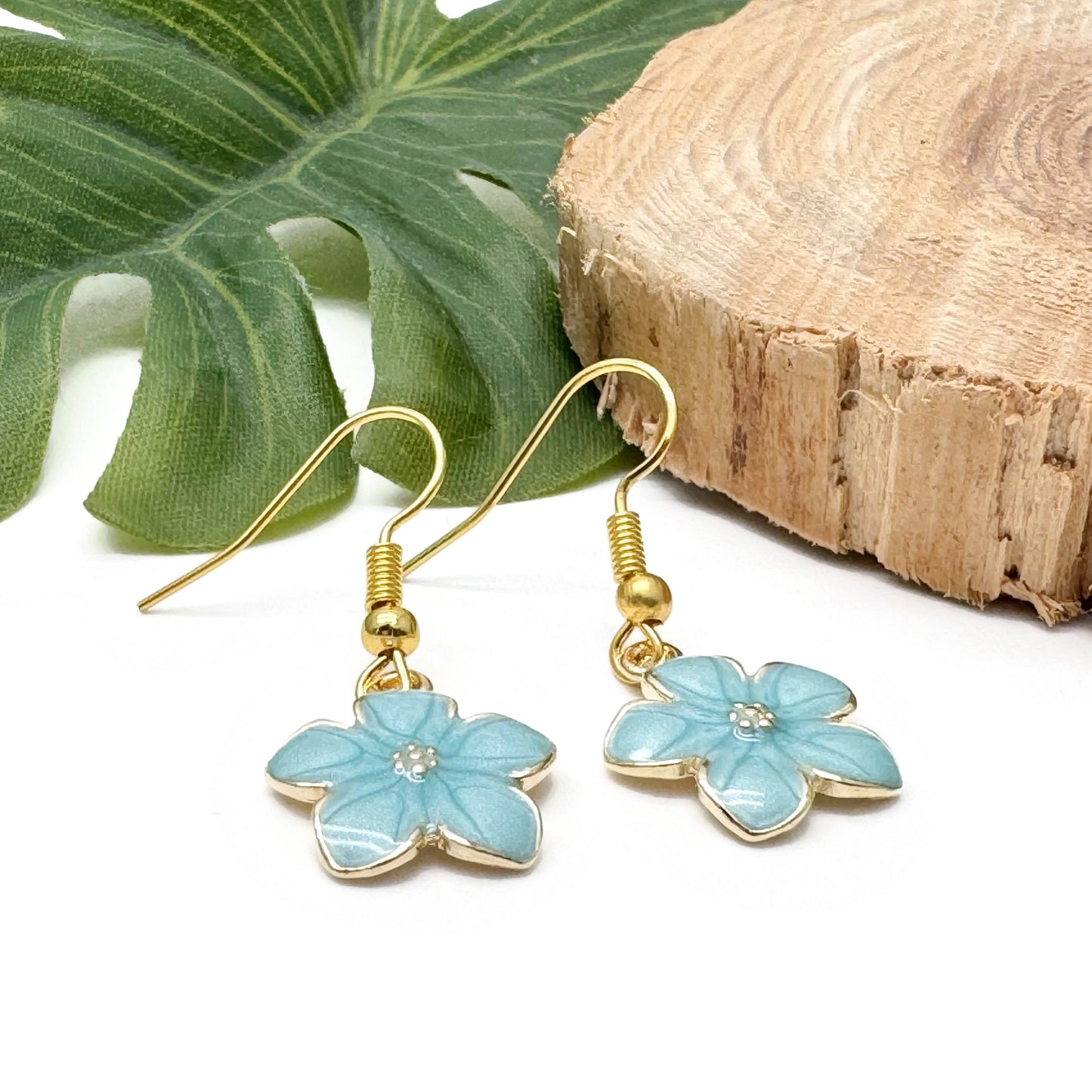 Daisy Flower Earrings, Turquoise Blue Enamel Charms, Nickel Free Hooks : 34mm long