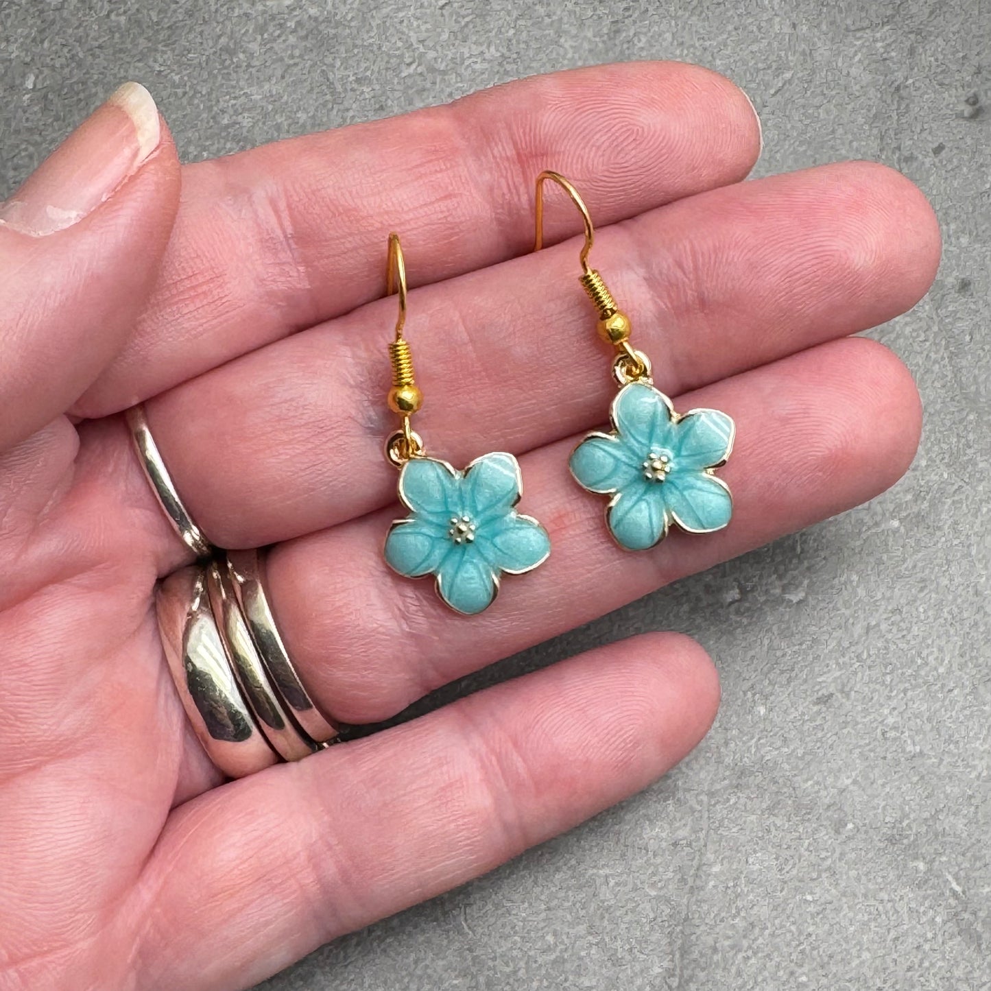Daisy Flower Earrings, Turquoise Blue Enamel Charms, Nickel Free Hooks : 34mm long