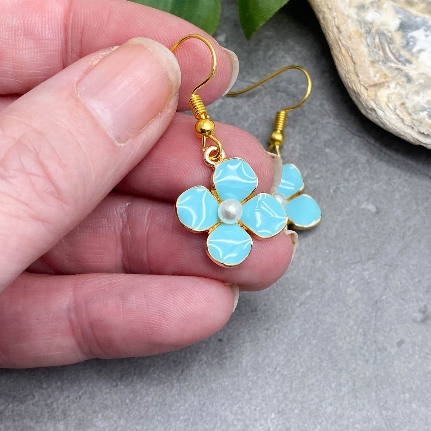 Sky Blue Flower Gold Plated Charm Earrings