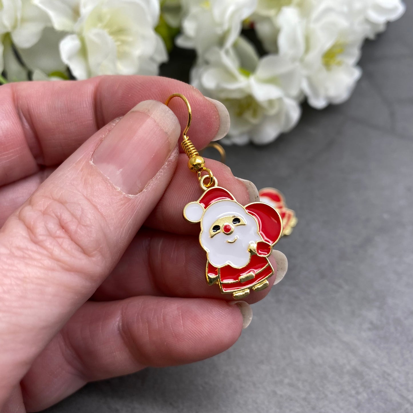 Father Christmas Earrings, Red and White Enamel Charms