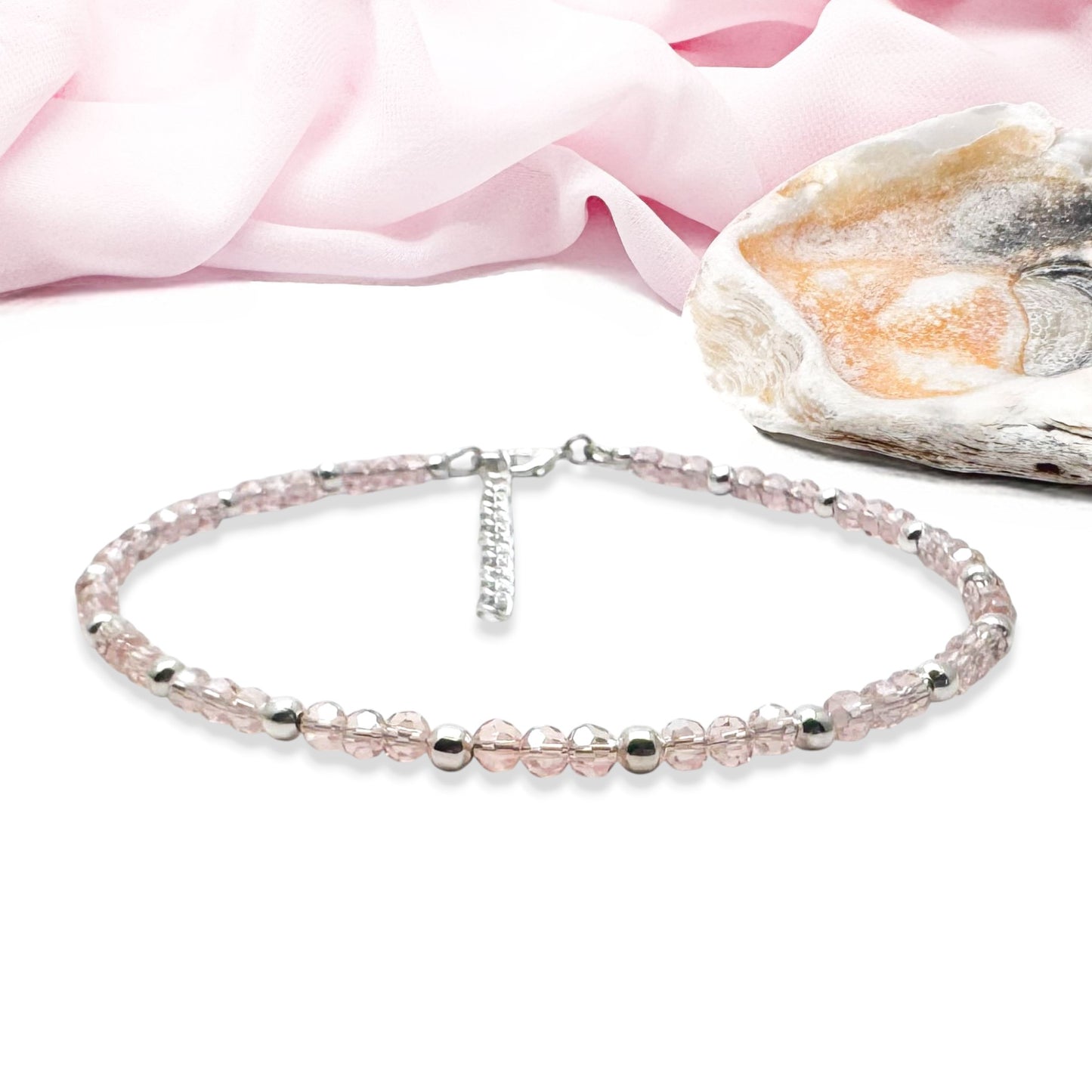 Plus Size Anklet with Faceted Baby Pink Glass Beads, Adjustable