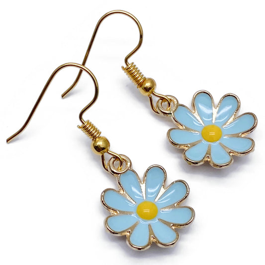 Blue Flower Earrings, Gold Plated Enamel Charms