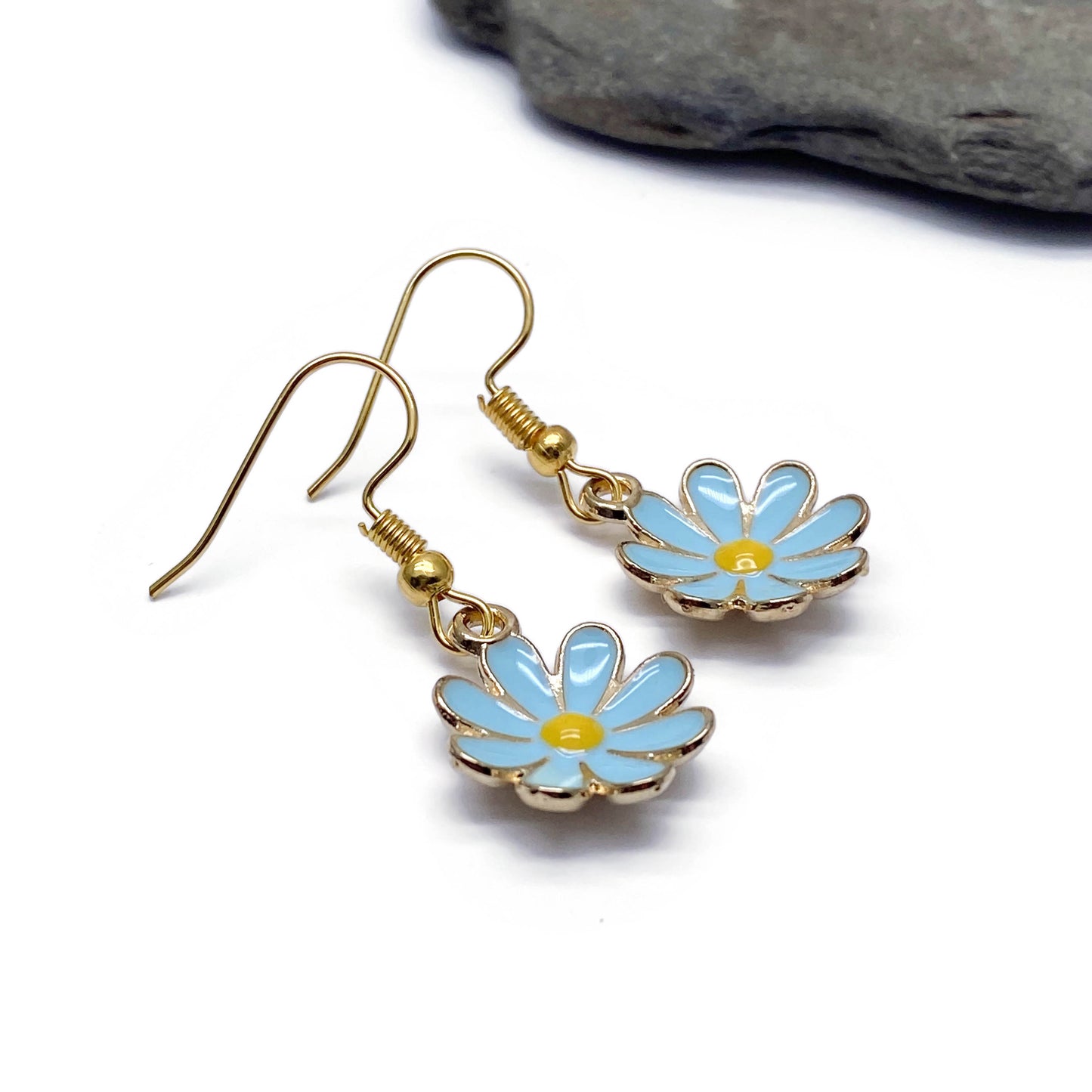 Blue Flower Earrings, Gold Plated Enamel Charms