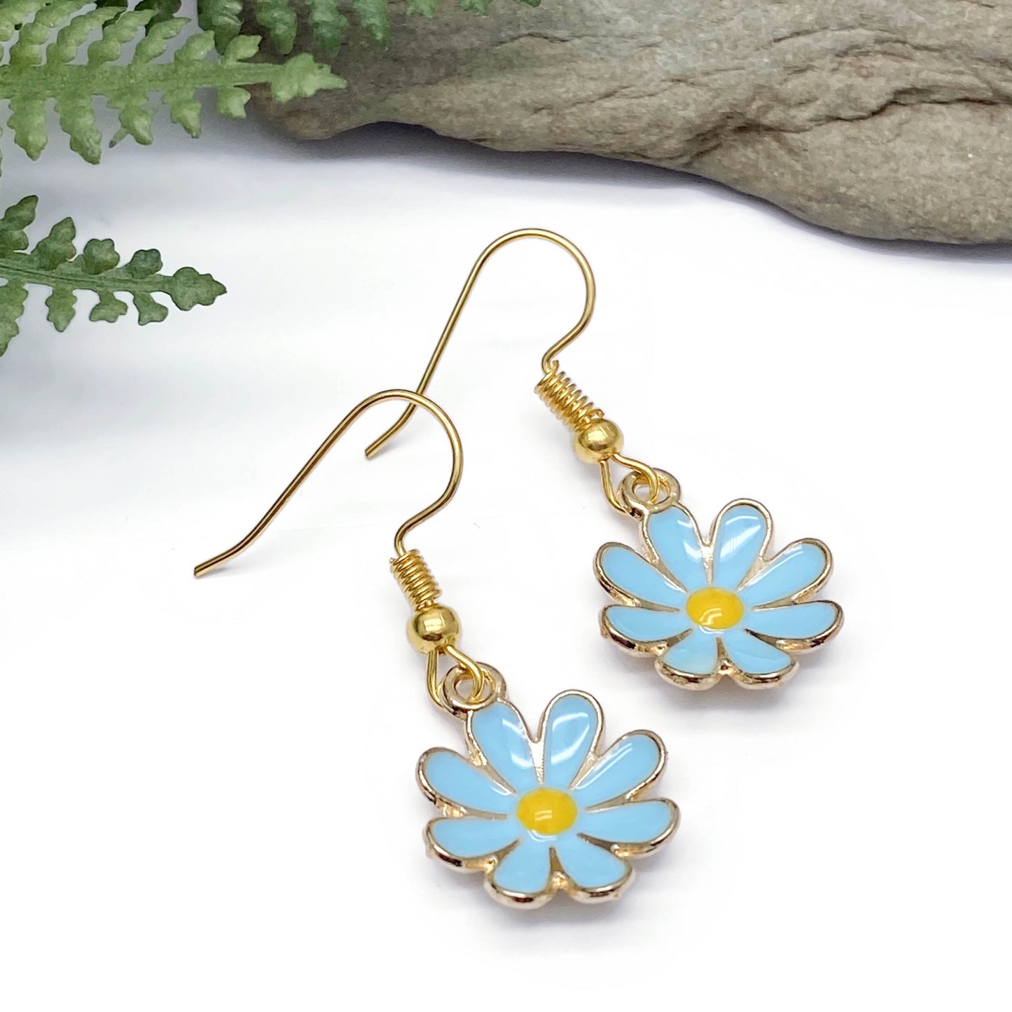 Blue Flower Earrings, Gold Plated Enamel Charms