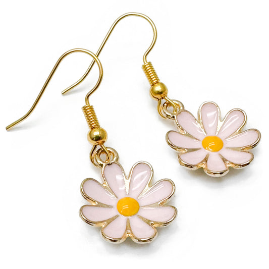 Pink Daisy Earrings, Enamel and Gold Plated Floral Charm Beads