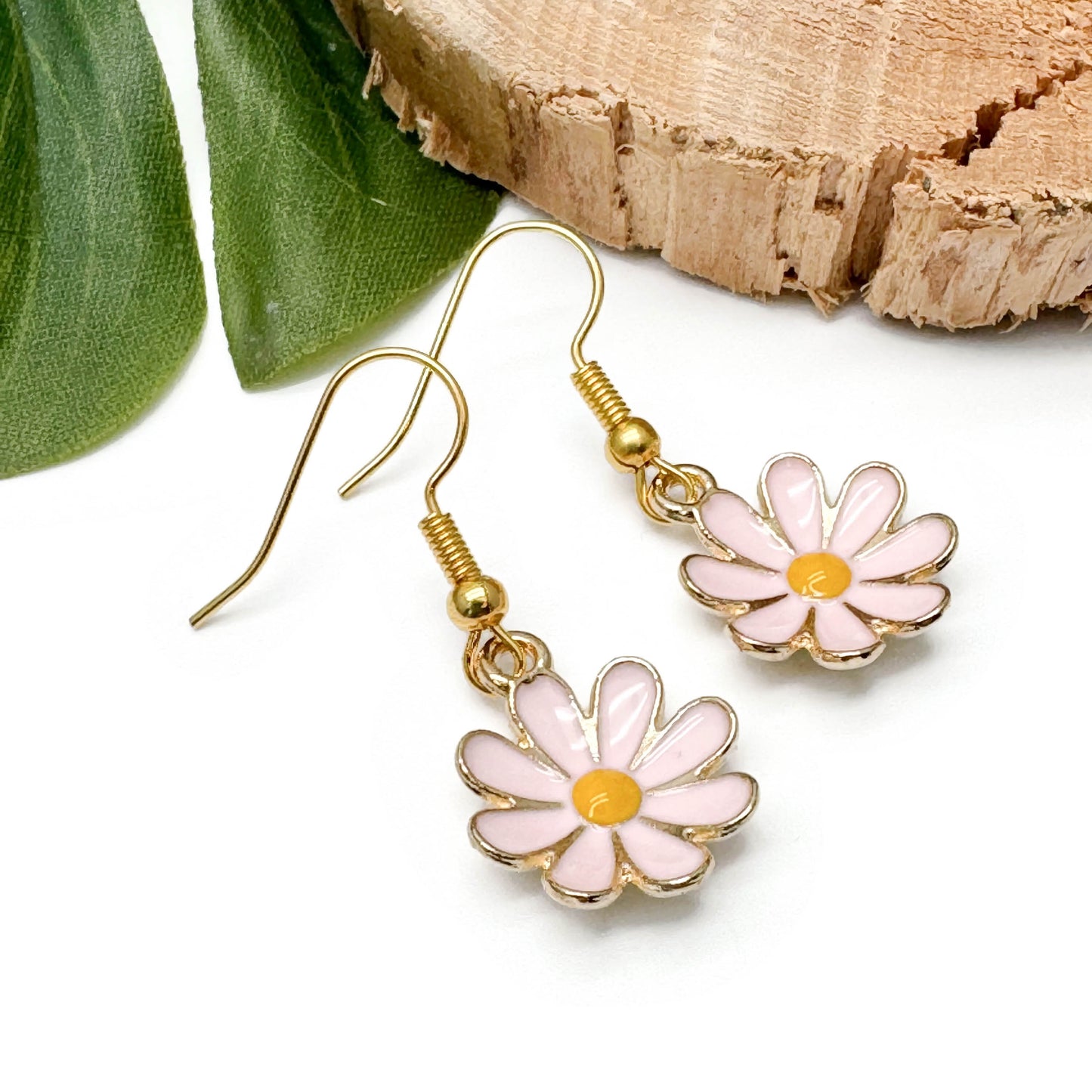 Pink Daisy Earrings, Enamel and Gold Plated Floral Charm Beads