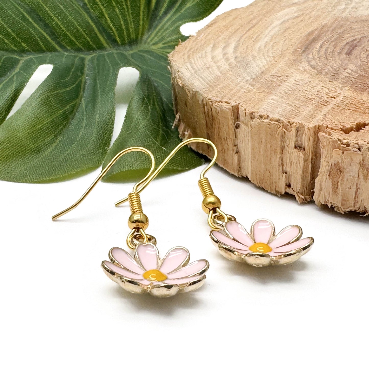 Pink Daisy Earrings, Enamel and Gold Plated Floral Charm Beads
