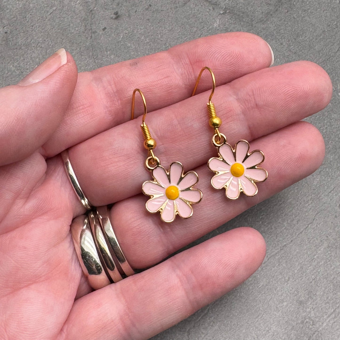Pink Daisy Earrings, Enamel and Gold Plated Floral Charm Beads