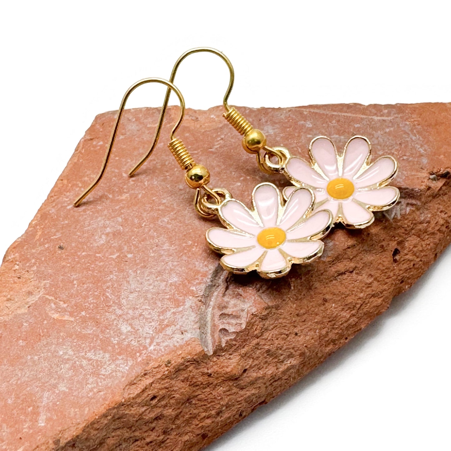 Pink Daisy Earrings, Enamel and Gold Plated Floral Charm Beads