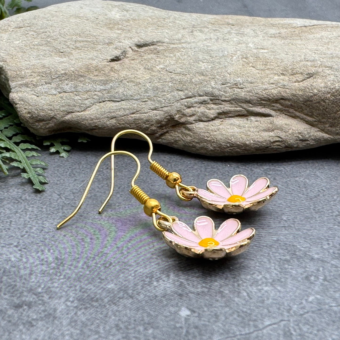 Pink Daisy Earrings, Enamel and Gold Plated Floral Charm Beads