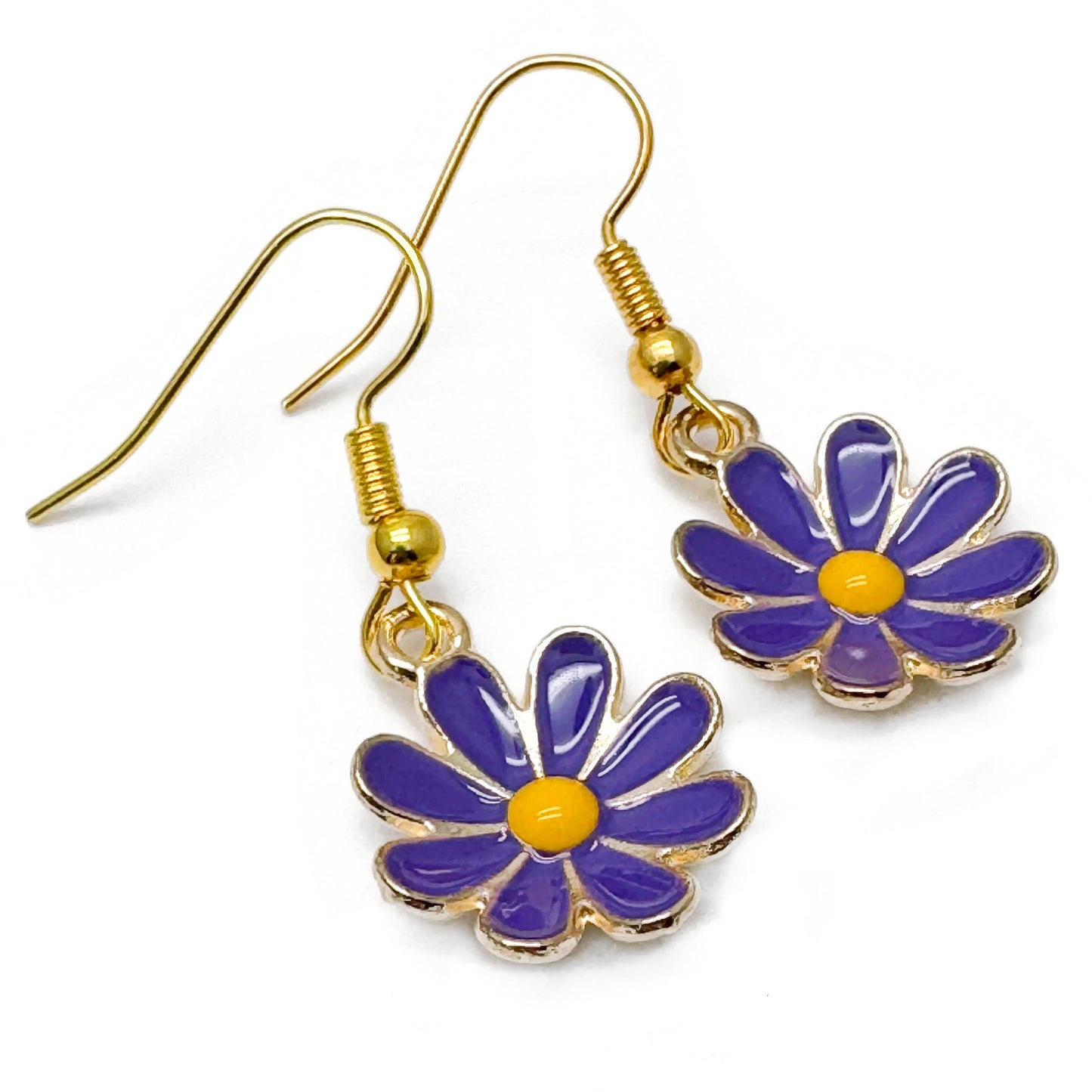 Purple Daisy Earrings, Enamel and Gold Plated Floral Charm Beads