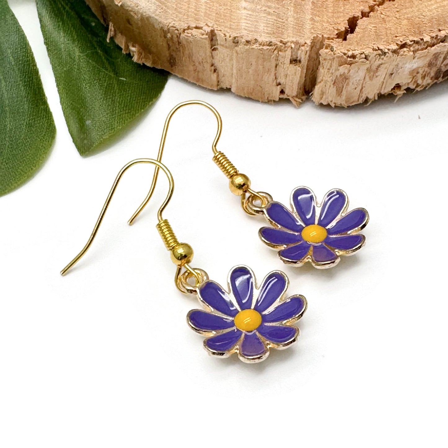 Purple Daisy Earrings, Enamel and Gold Plated Floral Charm Beads