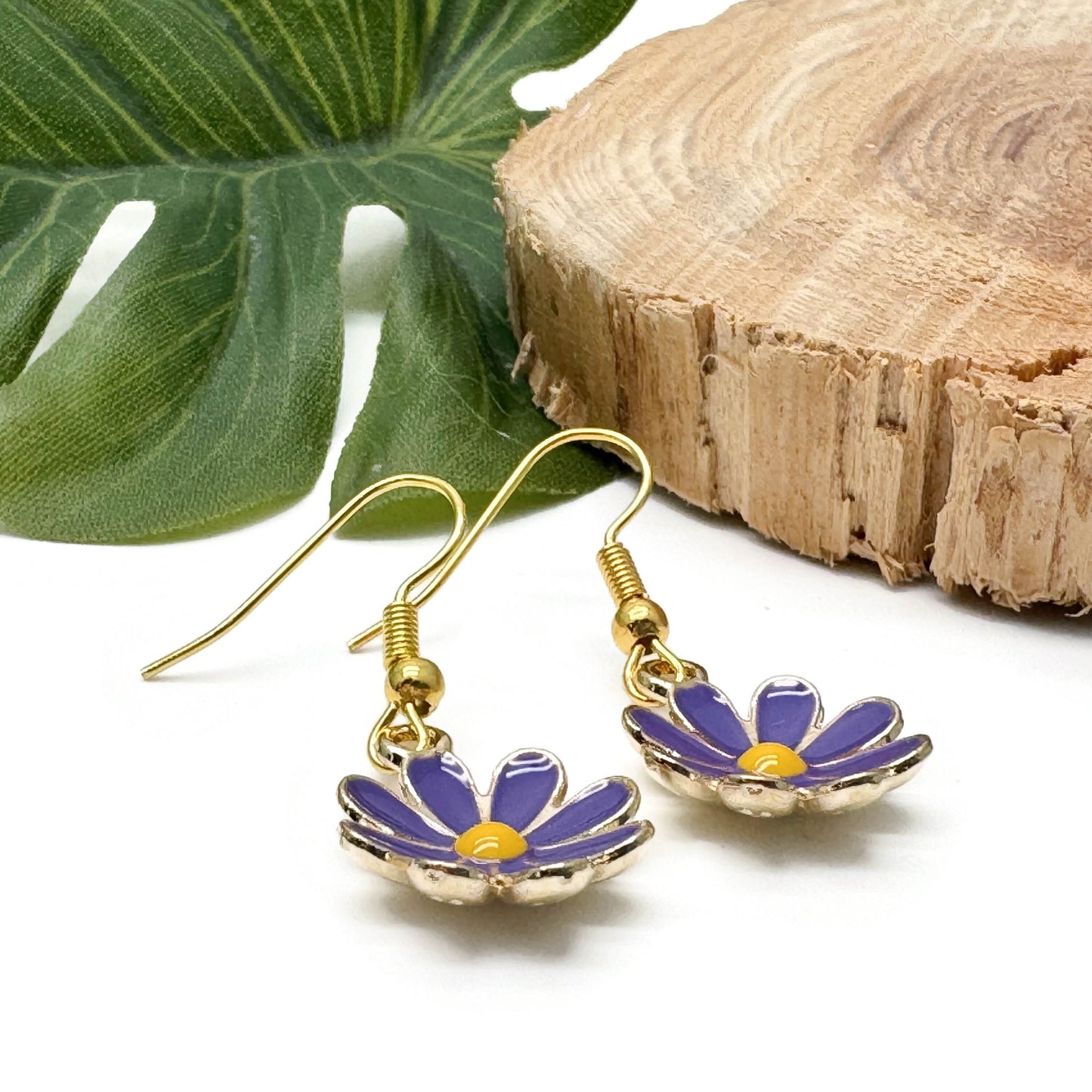 Purple Daisy Earrings, Enamel and Gold Plated Floral Charm Beads