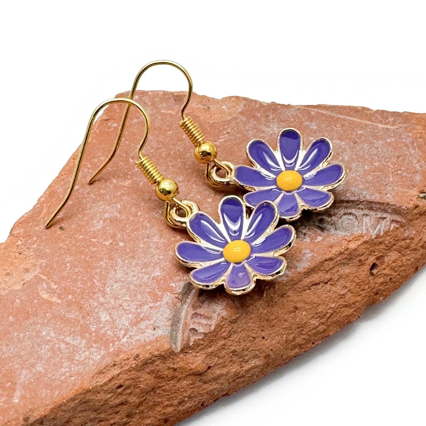 Purple Daisy Earrings, Enamel and Gold Plated Floral Charm Beads