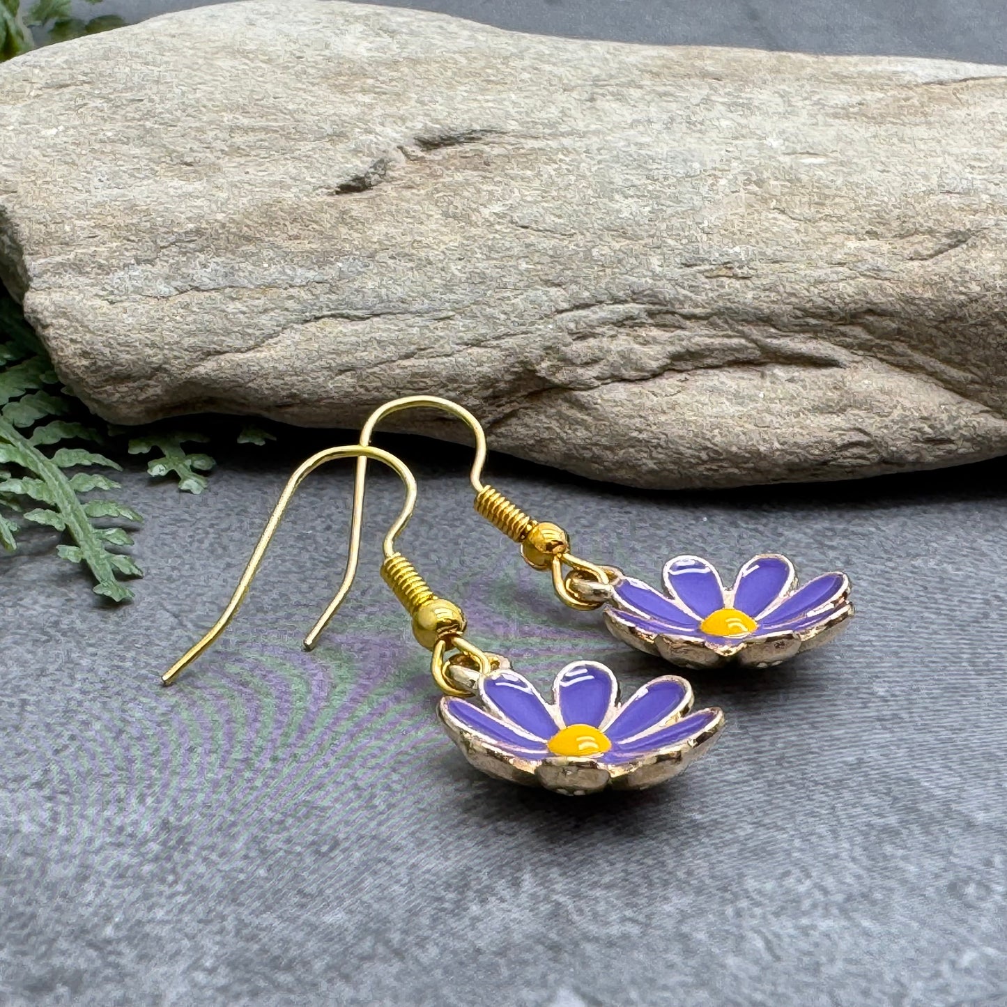 Purple Daisy Earrings, Enamel and Gold Plated Floral Charm Beads