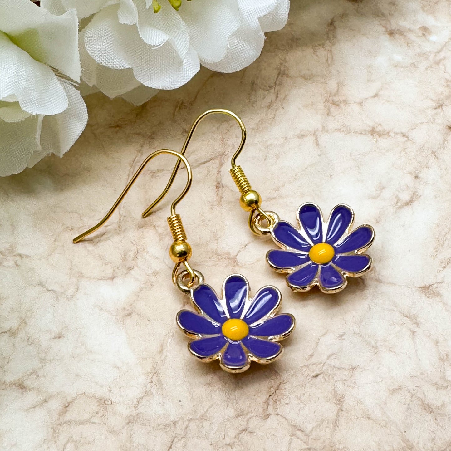 Purple Daisy Earrings, Enamel and Gold Plated Floral Charm Beads