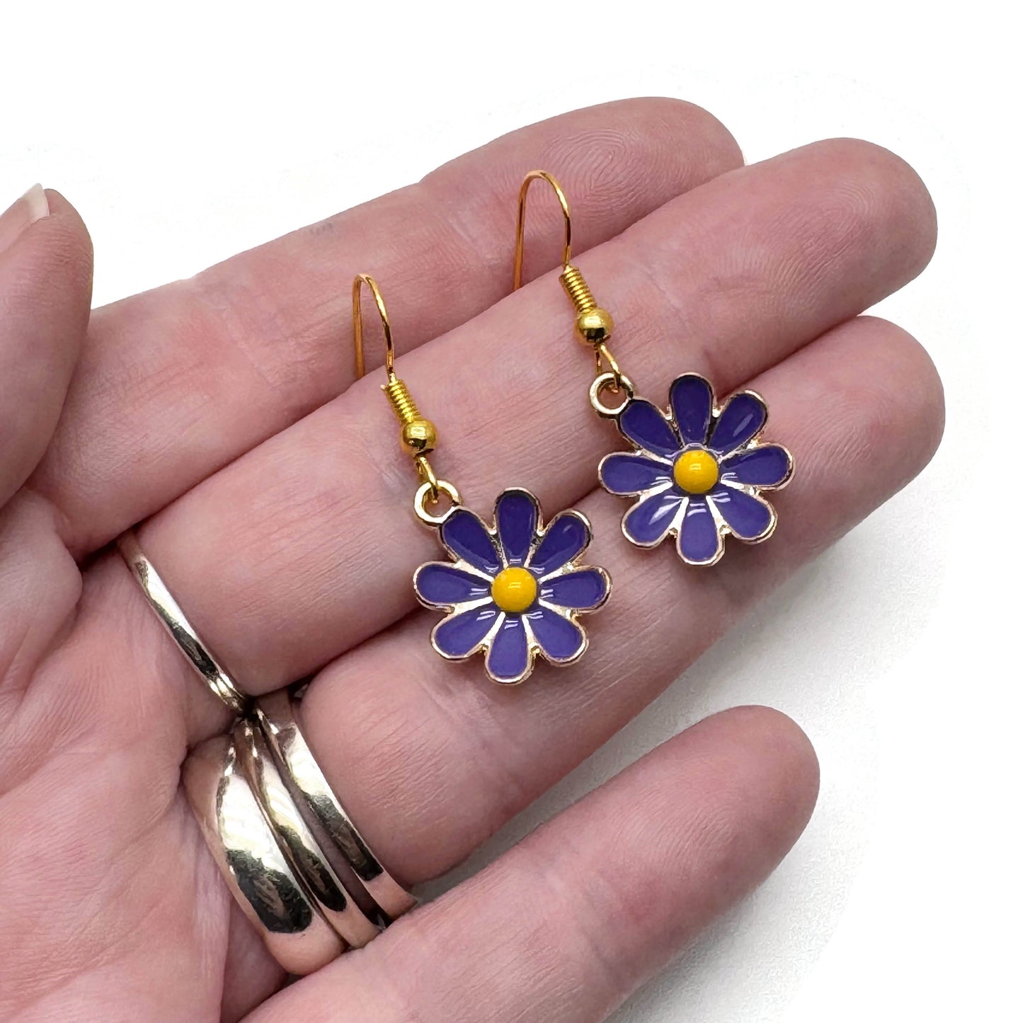 Purple Daisy Earrings, Enamel and Gold Plated Floral Charm Beads
