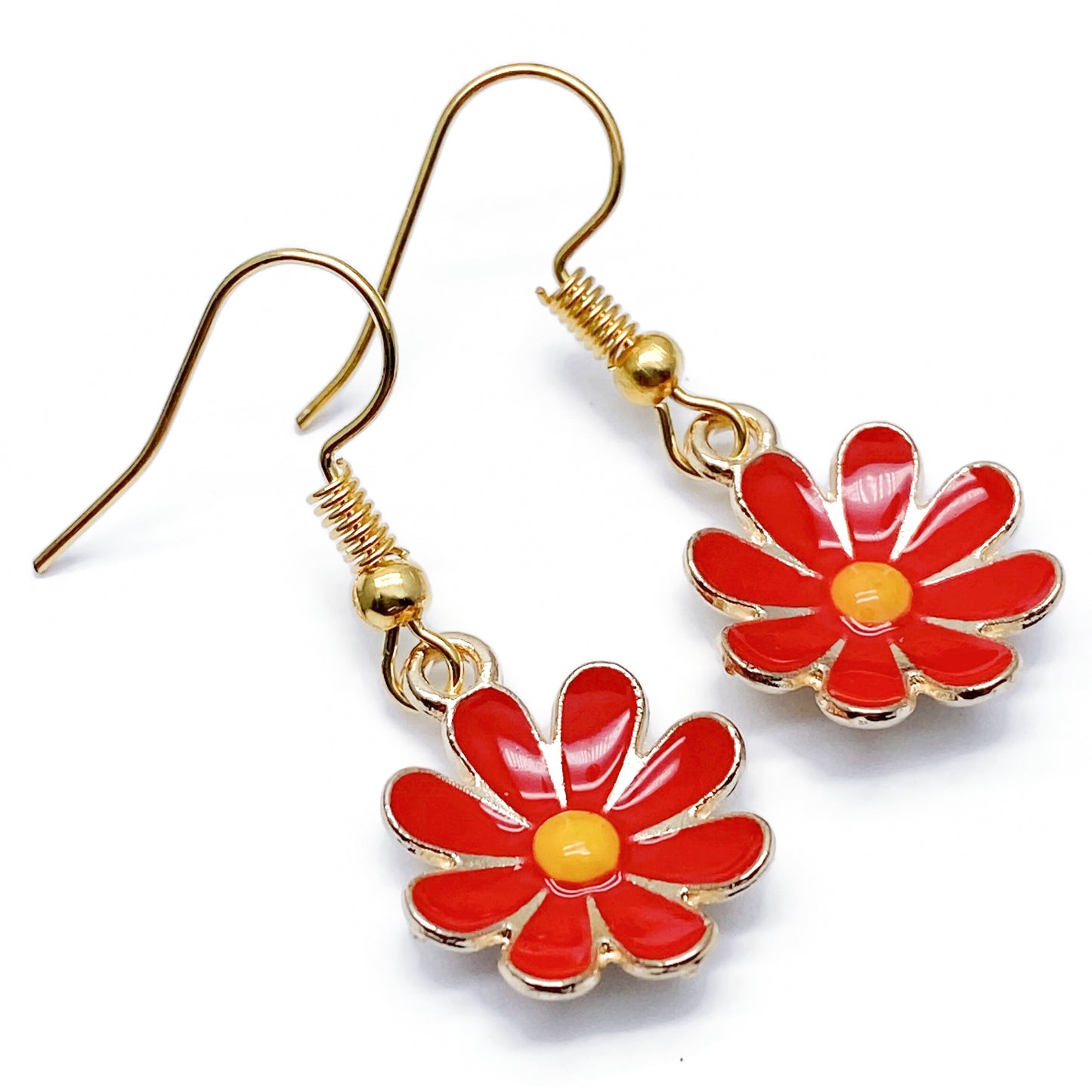 Red Flower Earrings, Gold Plated Enamel Charms