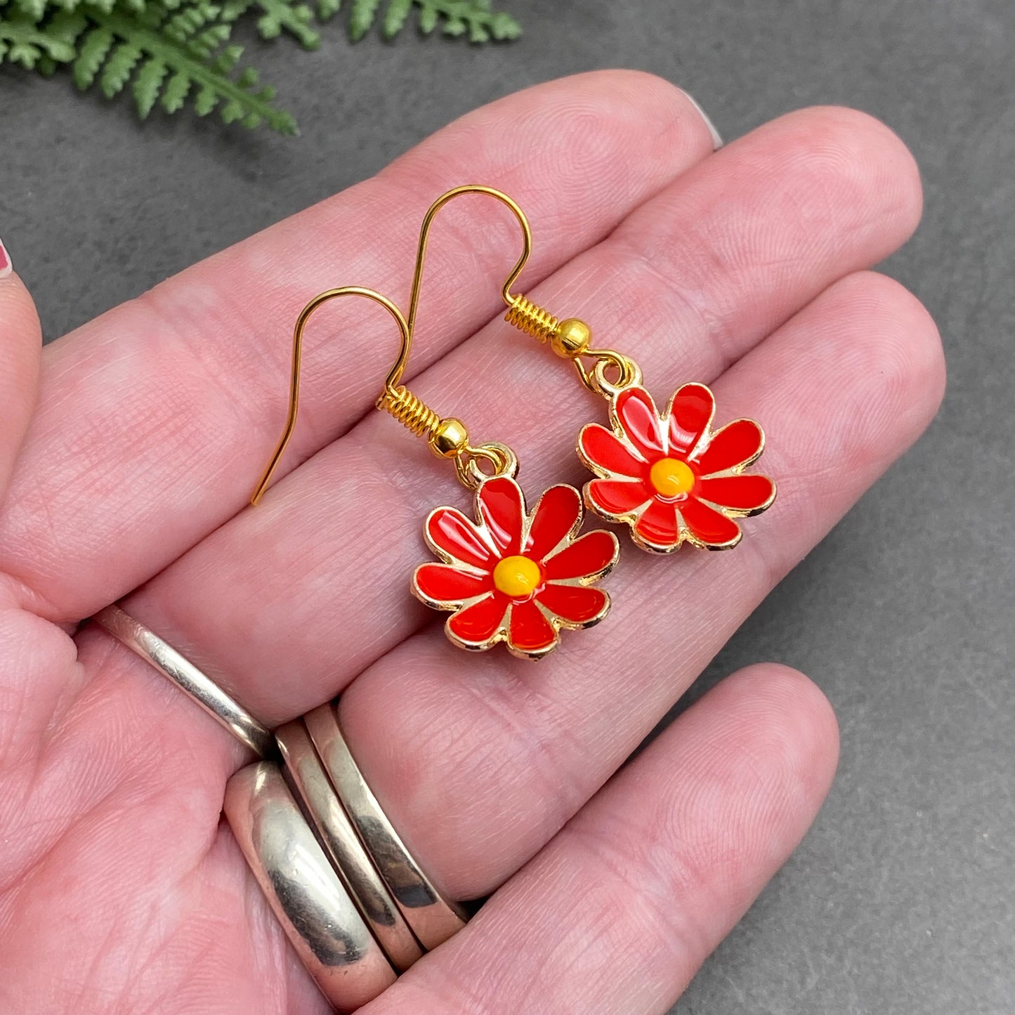 Red Flower Earrings, Gold Plated Enamel Charms