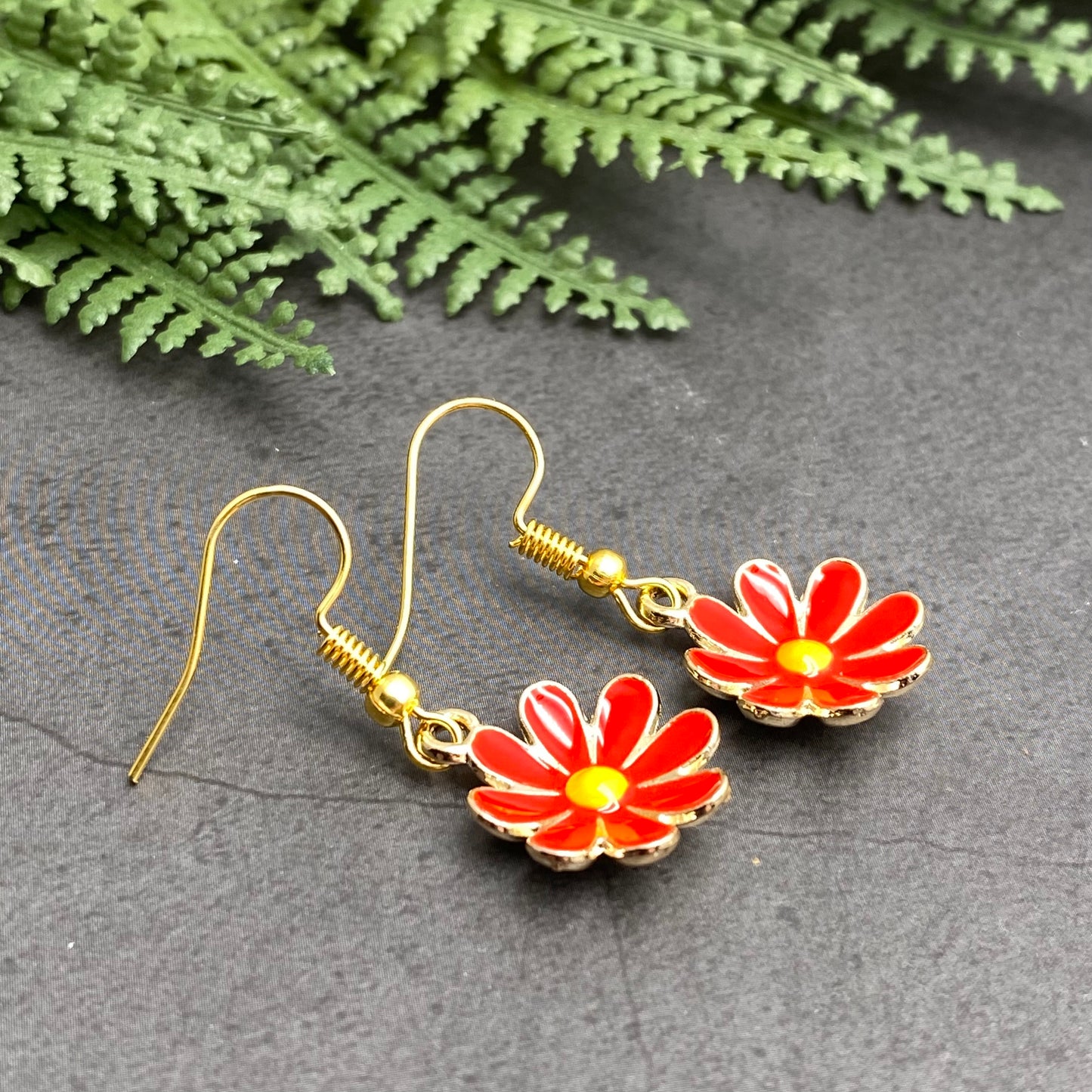 Red Flower Earrings, Gold Plated Enamel Charms