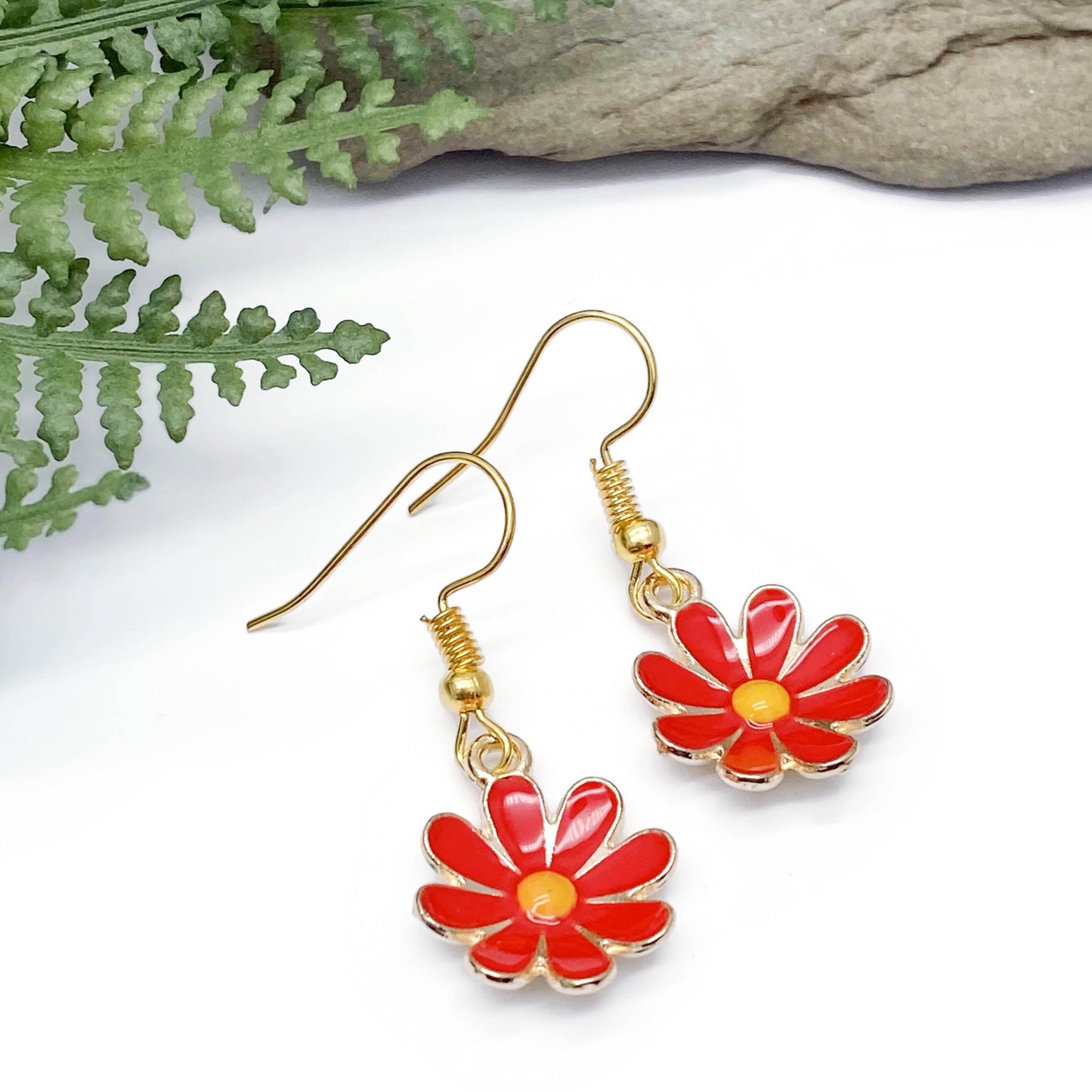 Red Flower Earrings, Gold Plated Enamel Charms
