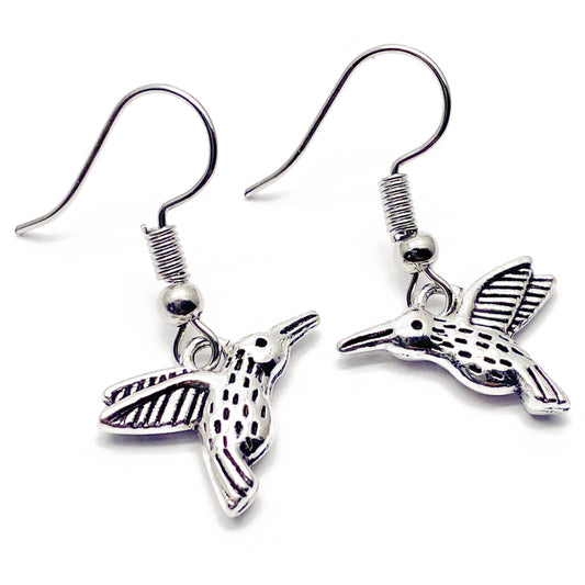 Hummingbird Charm Earrings, Silver Plated Hooks