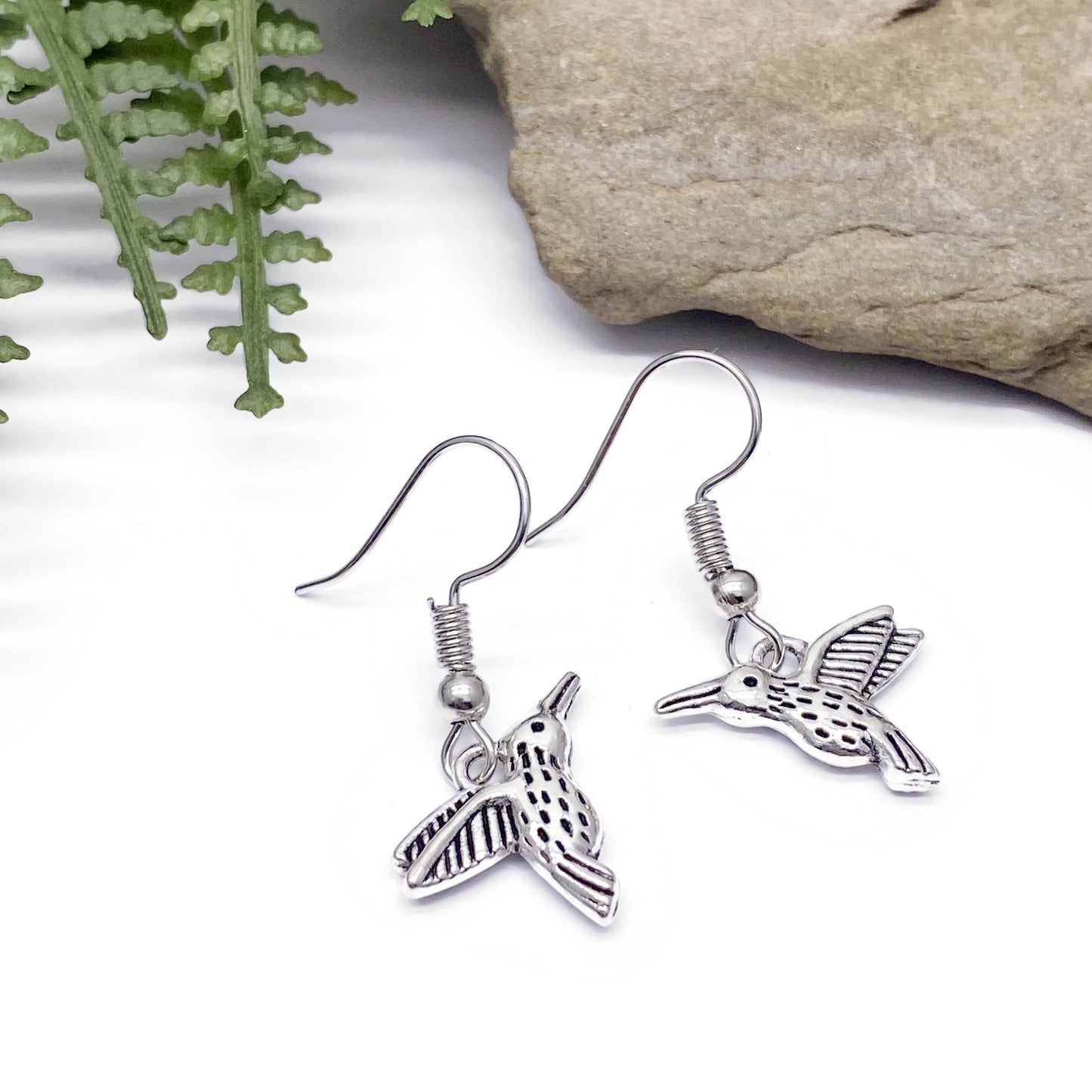 Hummingbird Charm Earrings, Silver Plated Hooks